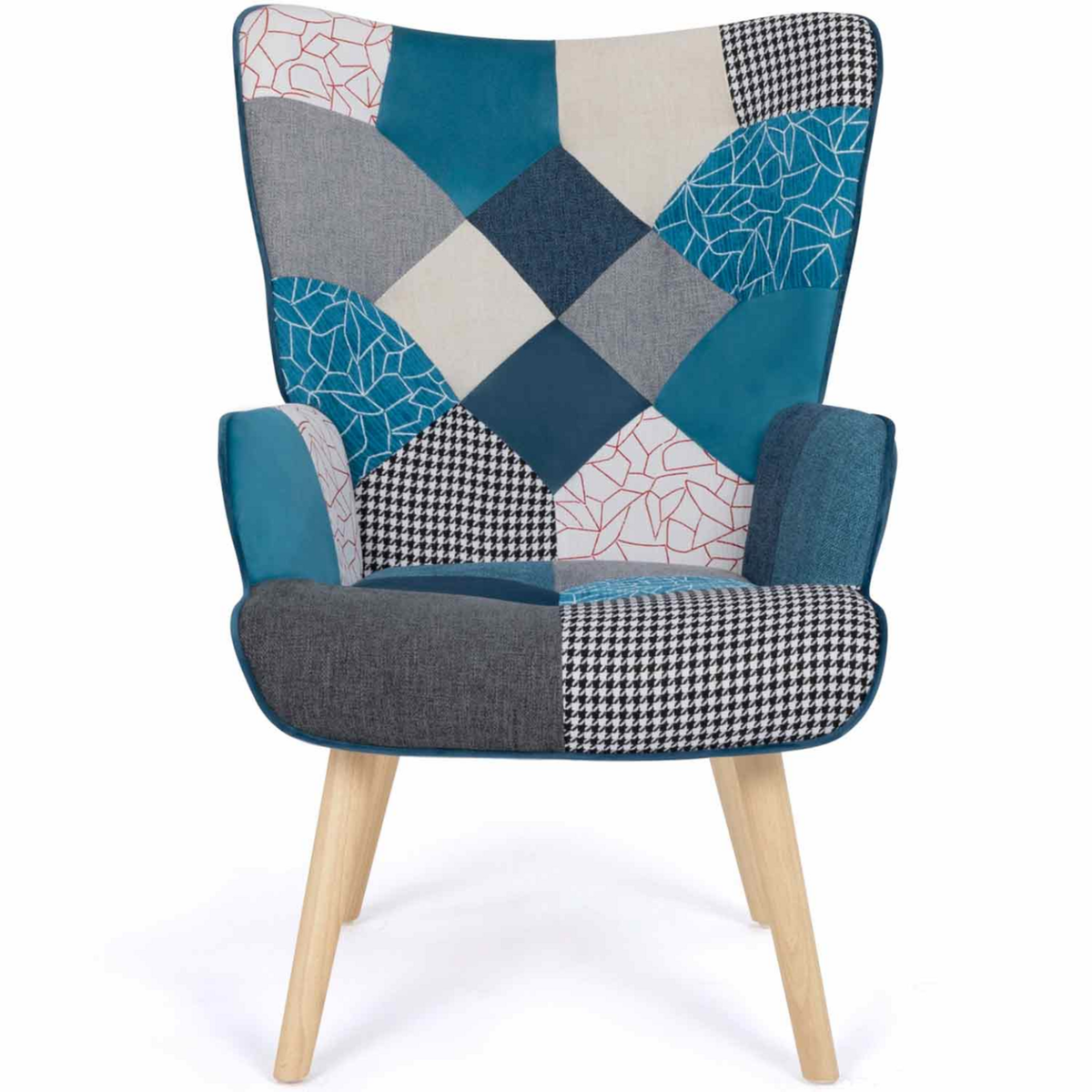 ID MARKET Fauteuil scandinave IVAR en tissu patchwork et velours bleu