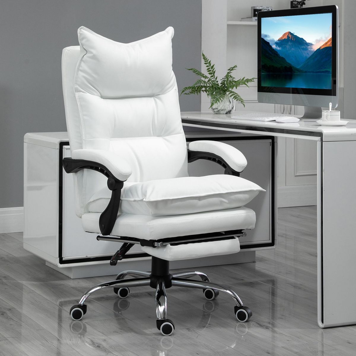 VINSETTO Fauteuil de bureau direction hauteur réglable dossier inclinable repose-pied intégré revêtement synthétique blanc