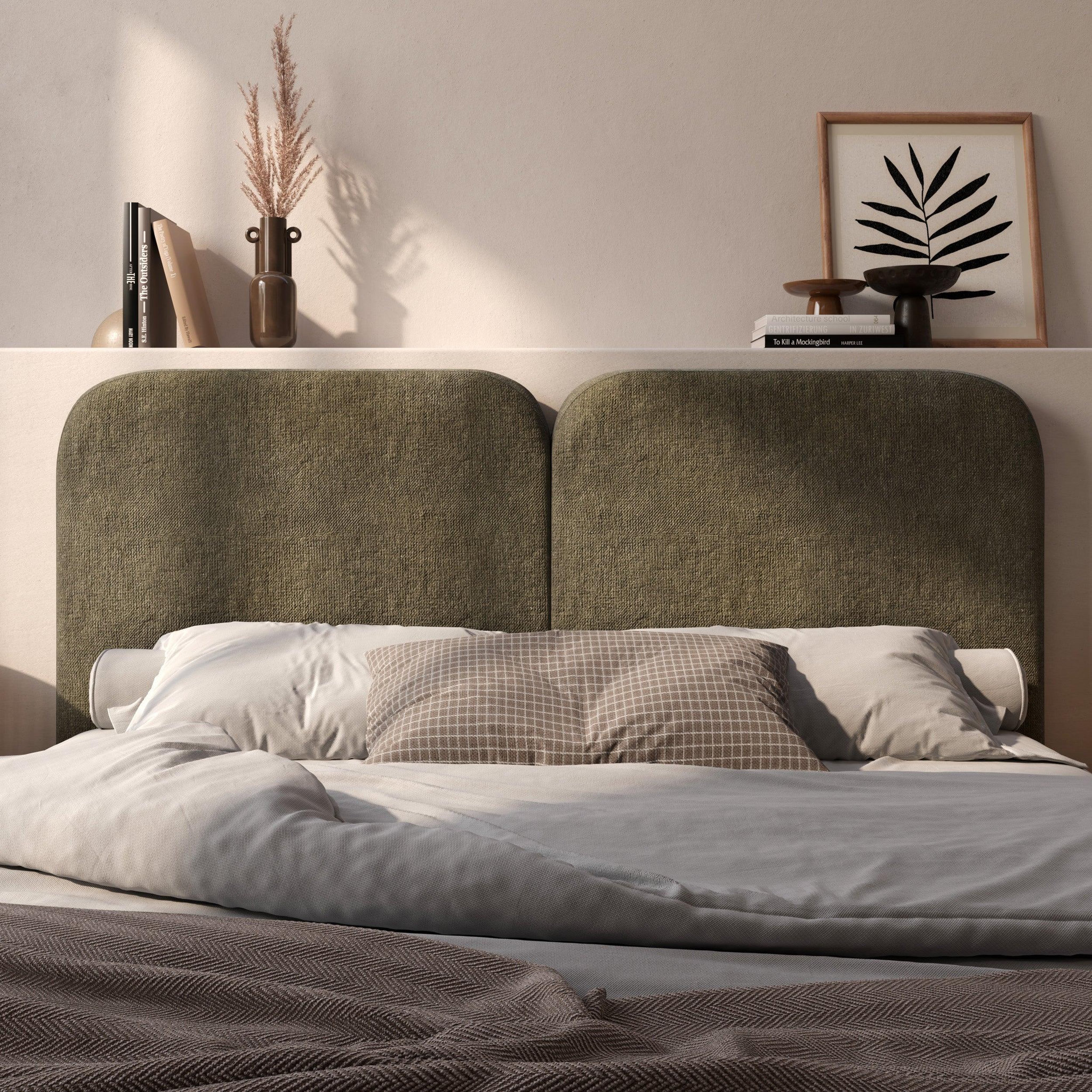Voir la diapositive 2 : MAISON PAVANE Tête de lit en tissu vert olive 160 cm-etna