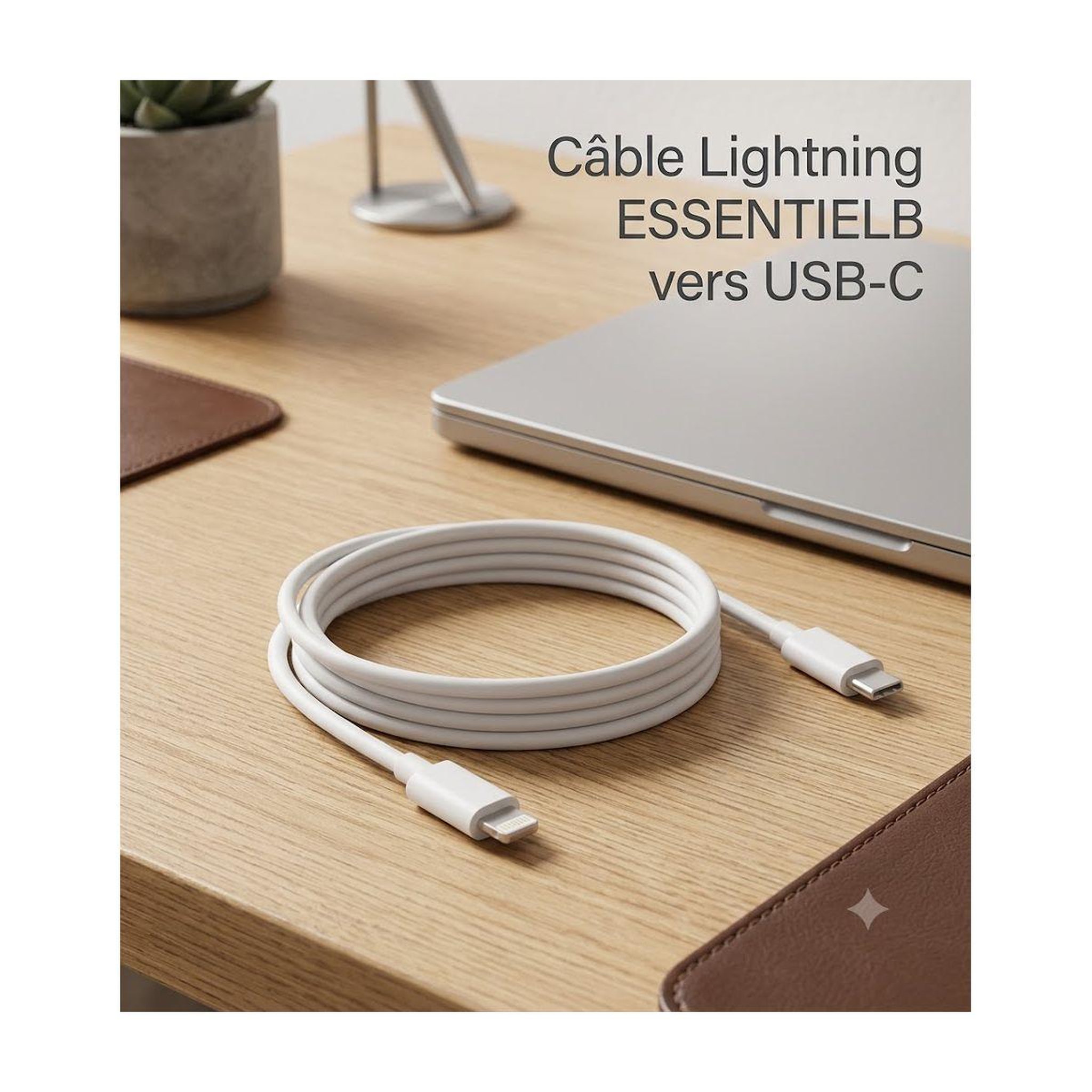 Voir la diapositive 2 : ESSENTIEL B Câble lightning vers usb-c 1m certifié apple blanc compatible iphone 14 13 12 pro max, ipad