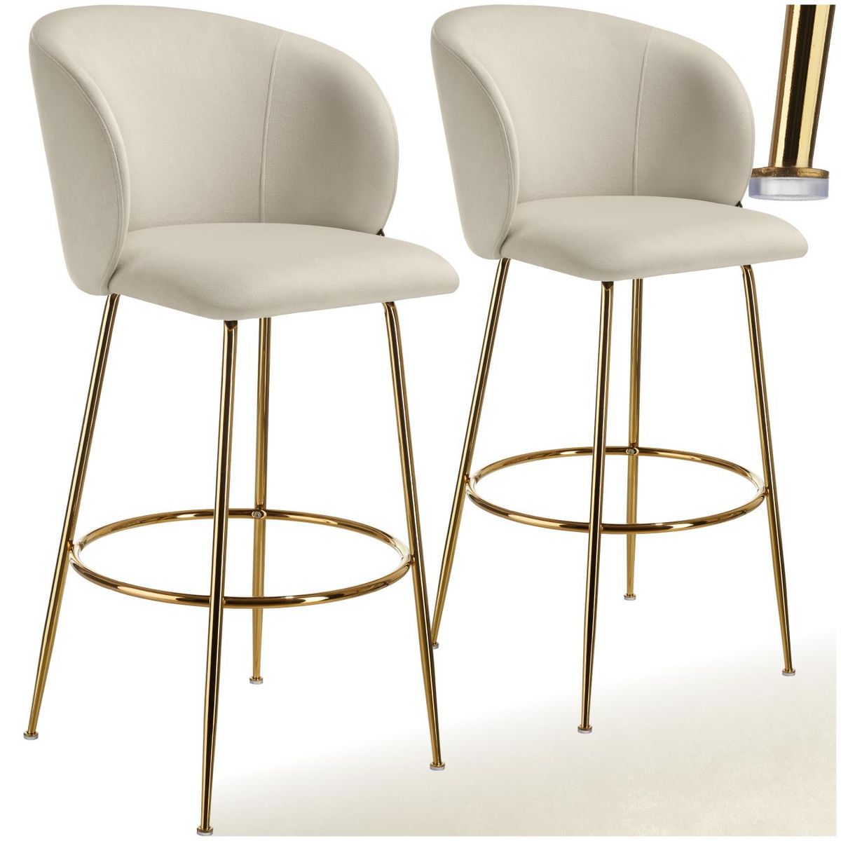 tectake Chaise de bar en velours rembourré crème/or Ensemble de 2 pièces