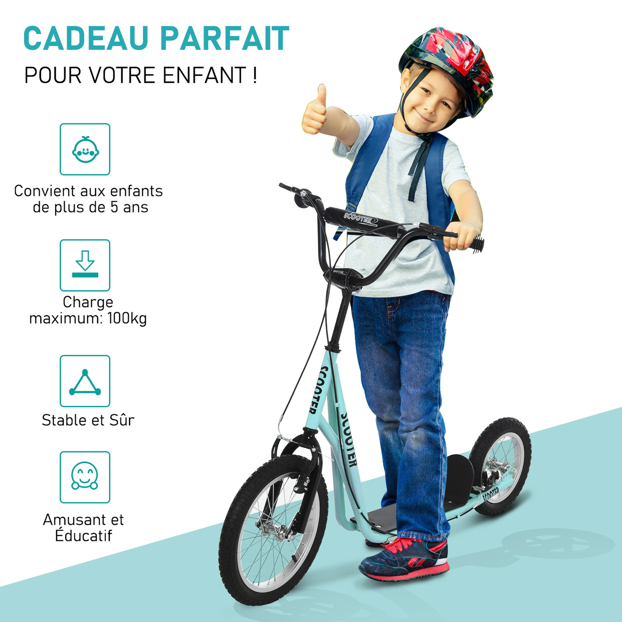 Voir la diapositive 4 : HOMCOM Trottinette patinette freestyle grandes roues pneumatiques Ø 40 et 30 cm hauteur guidon réglable frein AV/AR béquille acier bleu ciel noir