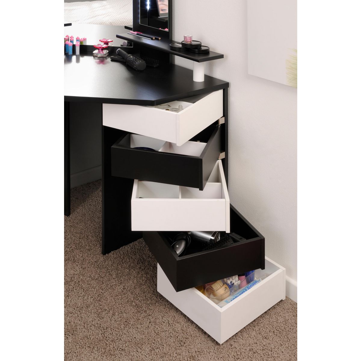 Coiffeuse d'angle 3 miroirs 5 tiroirs pivotants GIRLY