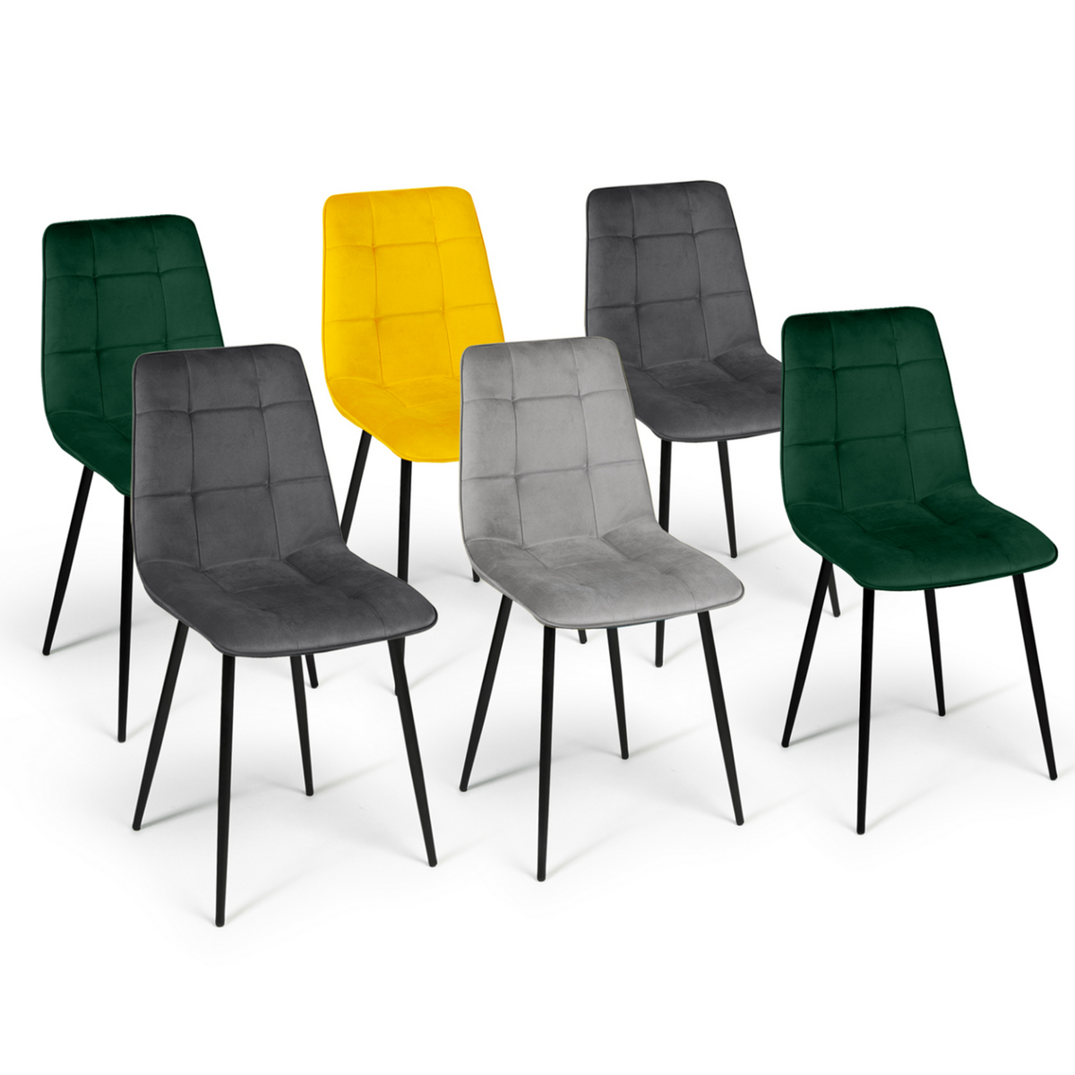 ID MARKET Lot de 6 chaises MILA en velours mix color vert x2, gris foncé x2, gris clair, jaune