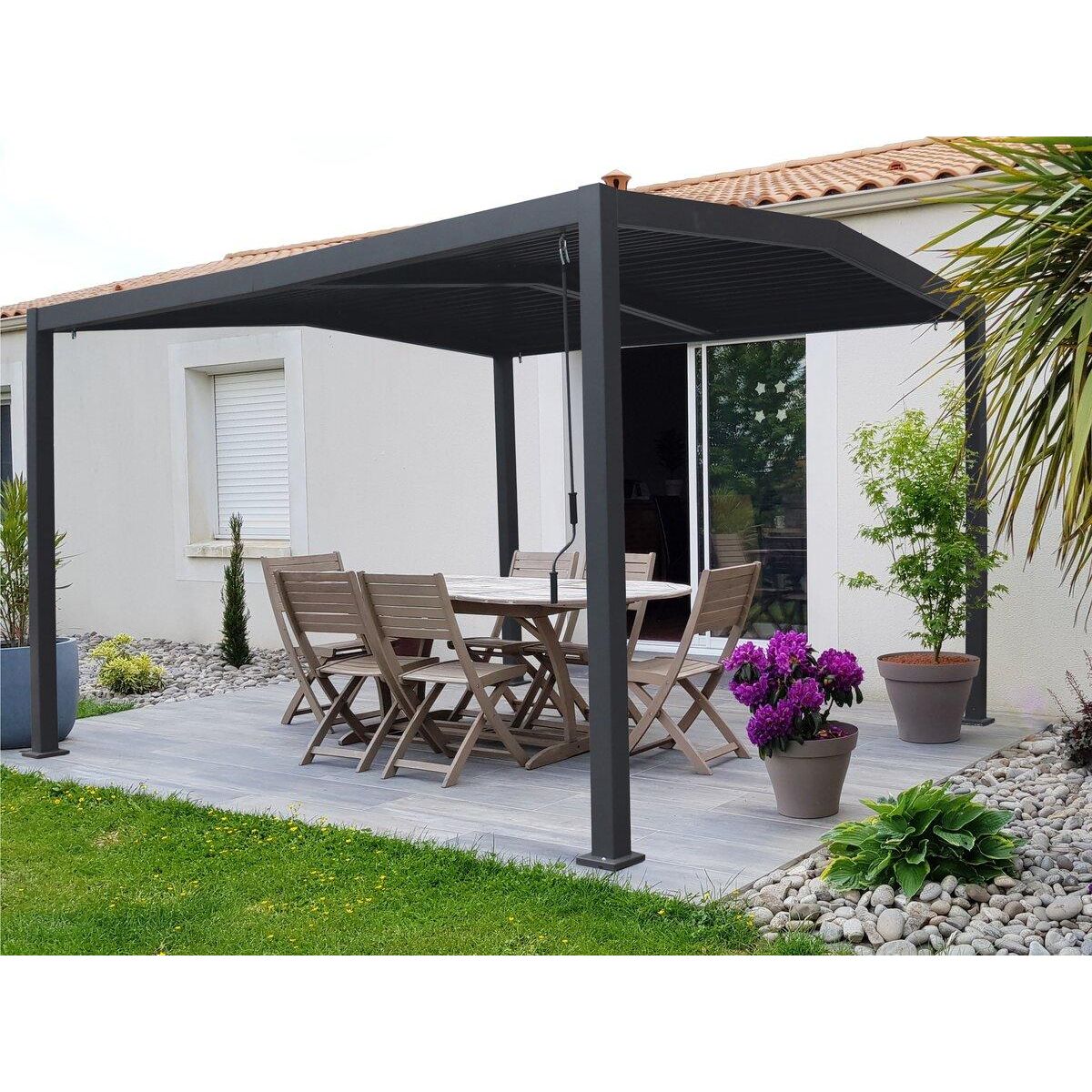 Habitat et Jardin Pergola bioclimatique toit 2 pans  Victoria  en aluminium et métal- 3,5 x 4 m - Gris