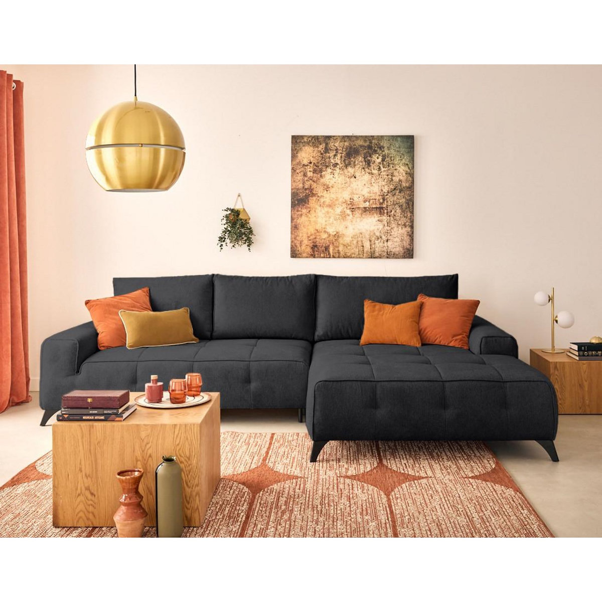 LISA DESIGN Rimini - canapé d'angle droit 4 places convertible avec coffre en tissu texturé