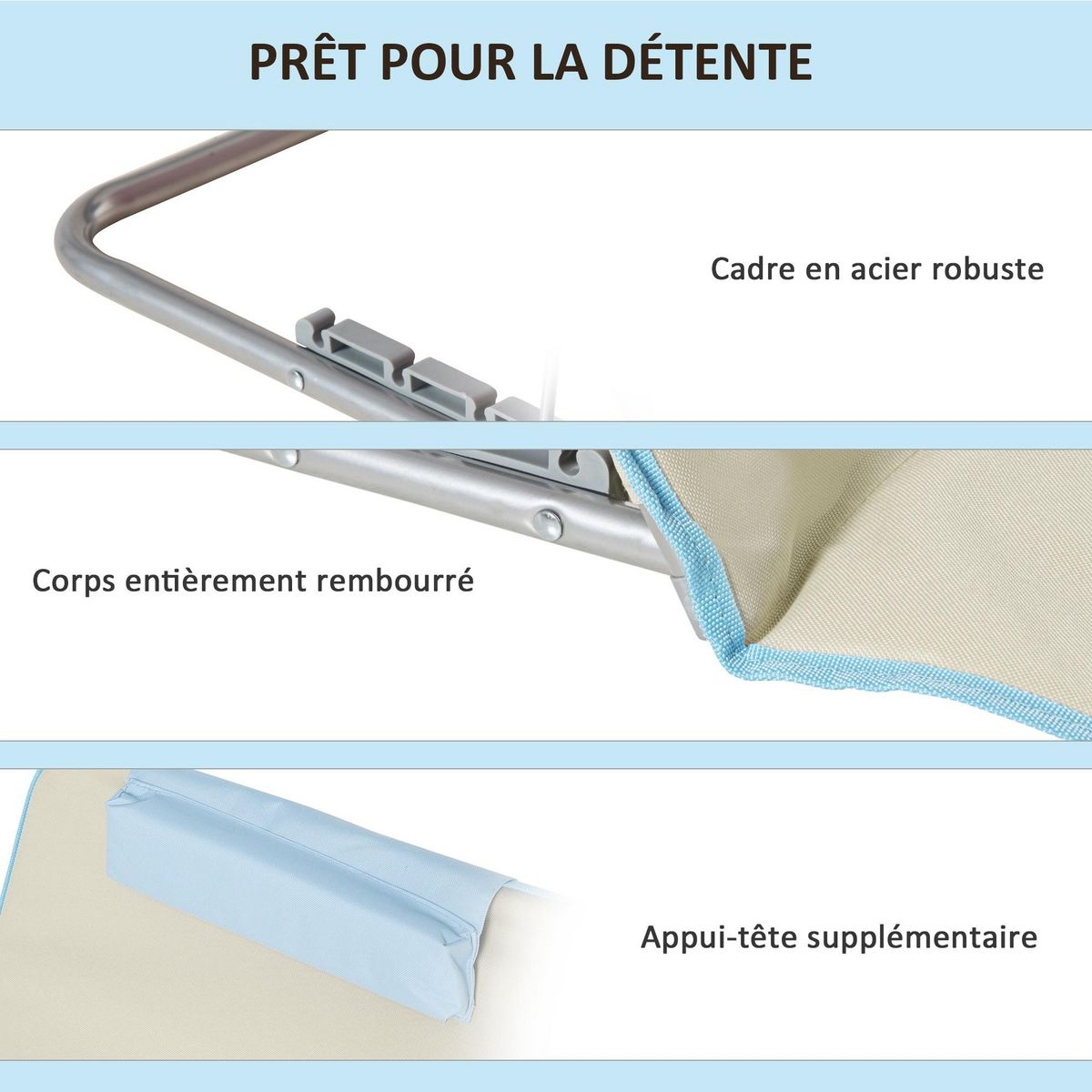 OUTSUNNY Lot de 2 tapis de plage rembourrés - dossier inclinable 5 positions - sac transport inclus - acier polyester beige