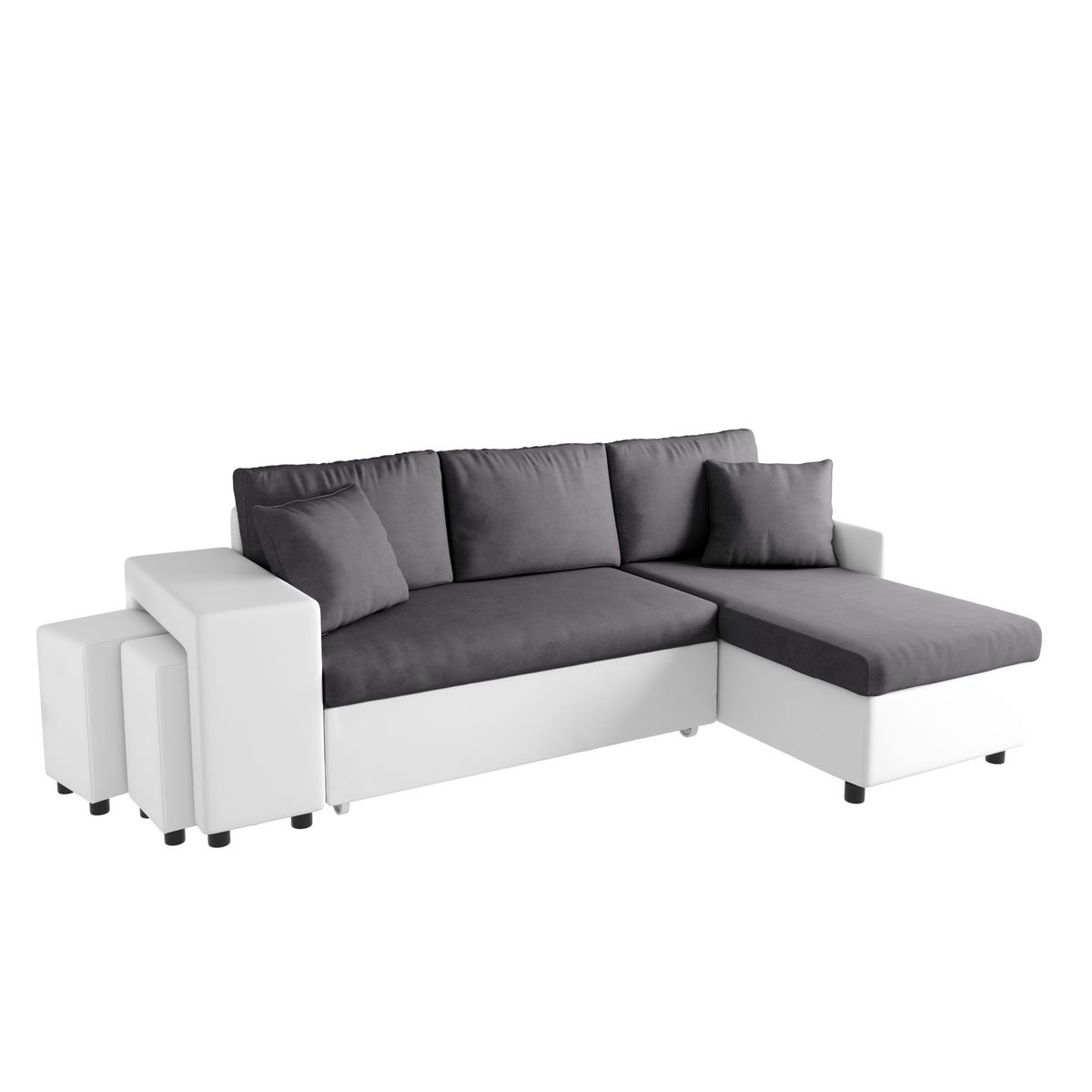 Canapé angle droit convertible + 2 poufs + coffre tissu simili ANETTA