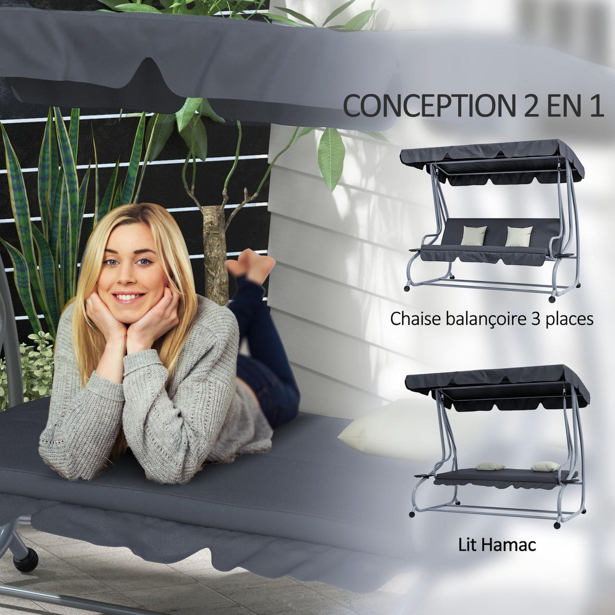 OUTSUNNY Balancelle de jardin 3 places convertible toit inclinaison réglable 2 tablettes support coussins acier polyester gris