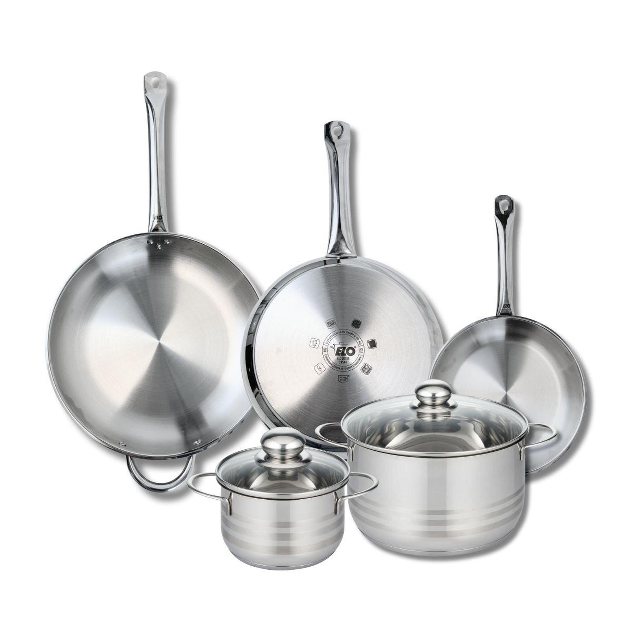 Voir la diapositive 1 : 666 Barcelona Ensemble de 3 Poêles de cuisson 24, 28 et 32 cm et 2 faitouts 16 et 24 cm Elo Profi Brillant