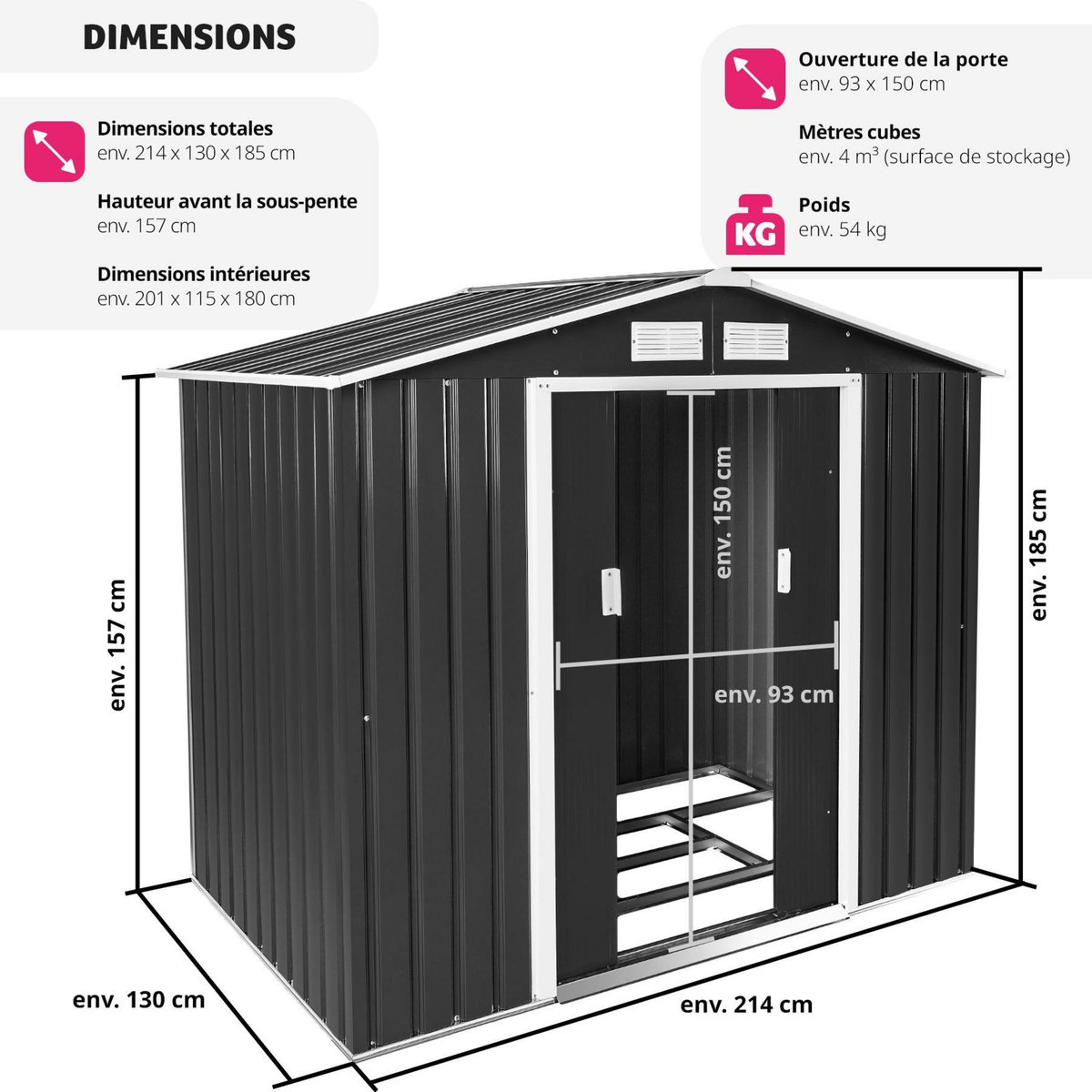 tectake Abri de jardin métal 2,7 m² toiture 2 pans en tôle d'acier gris/blanc