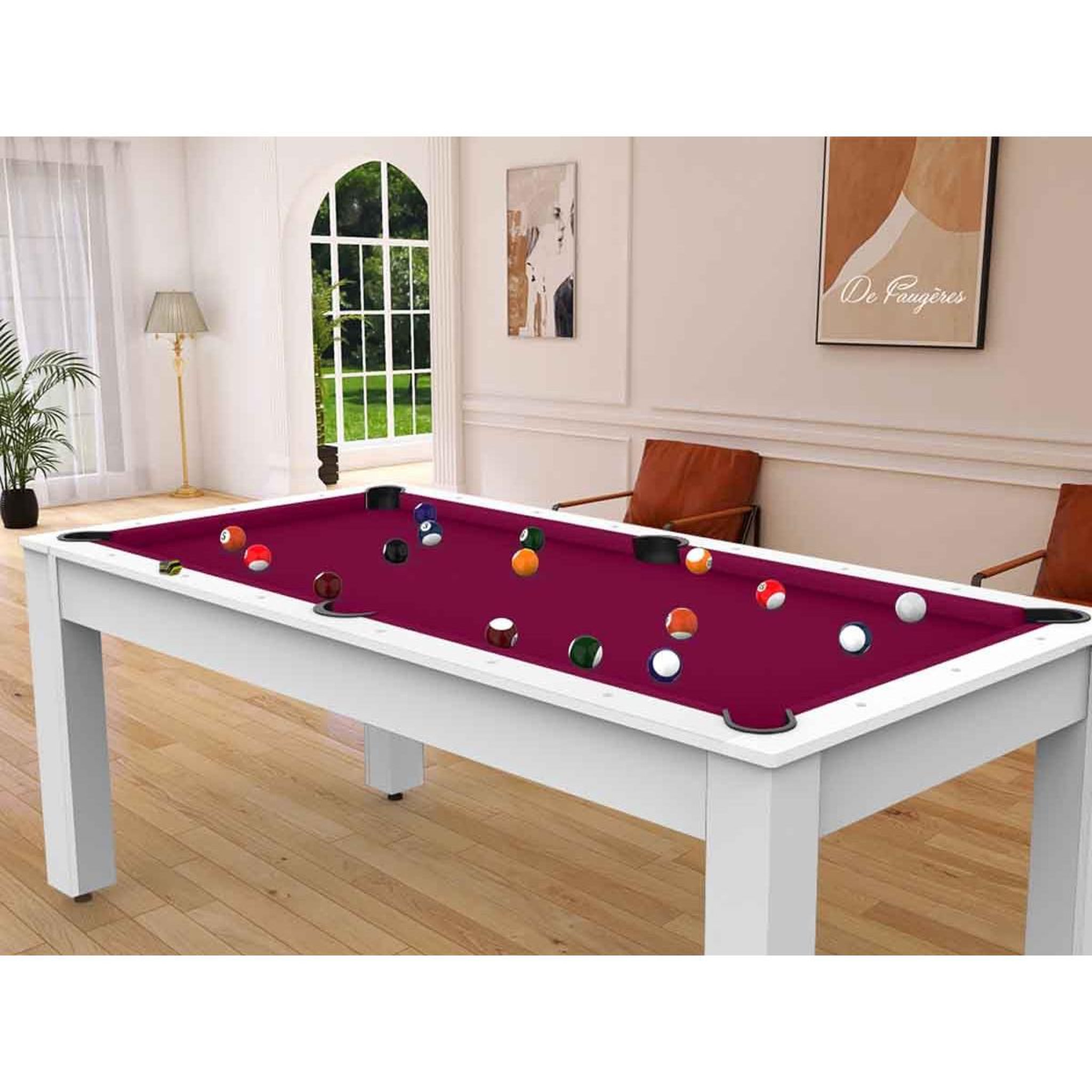 Voir la diapositive 3 : DE FAUGERES Table de Billard Convertible  Oregon  213cm Blanc & Prune