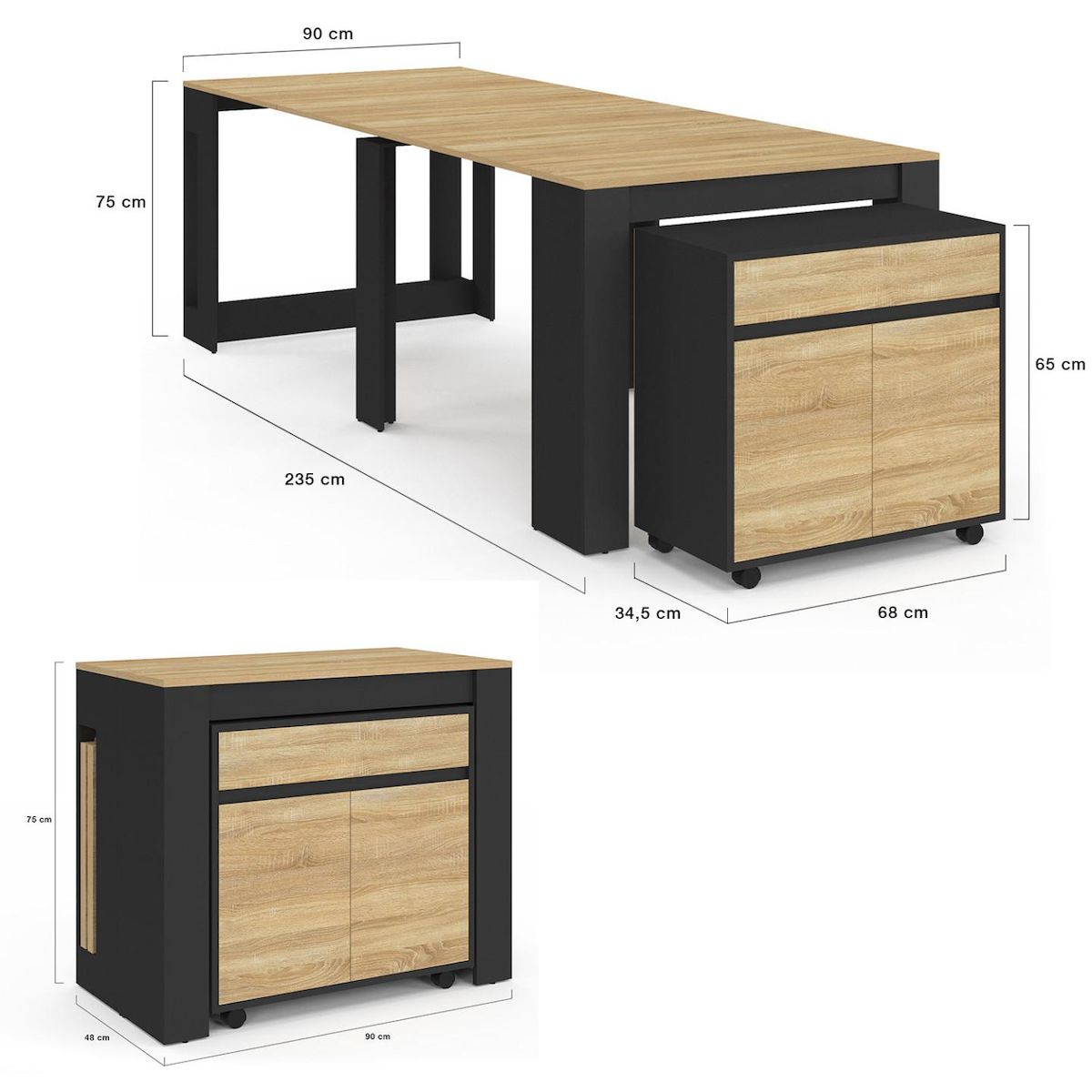 ID MARKET Table buffet extensible ORLANDO 10 personnes bois et noir 235 cm