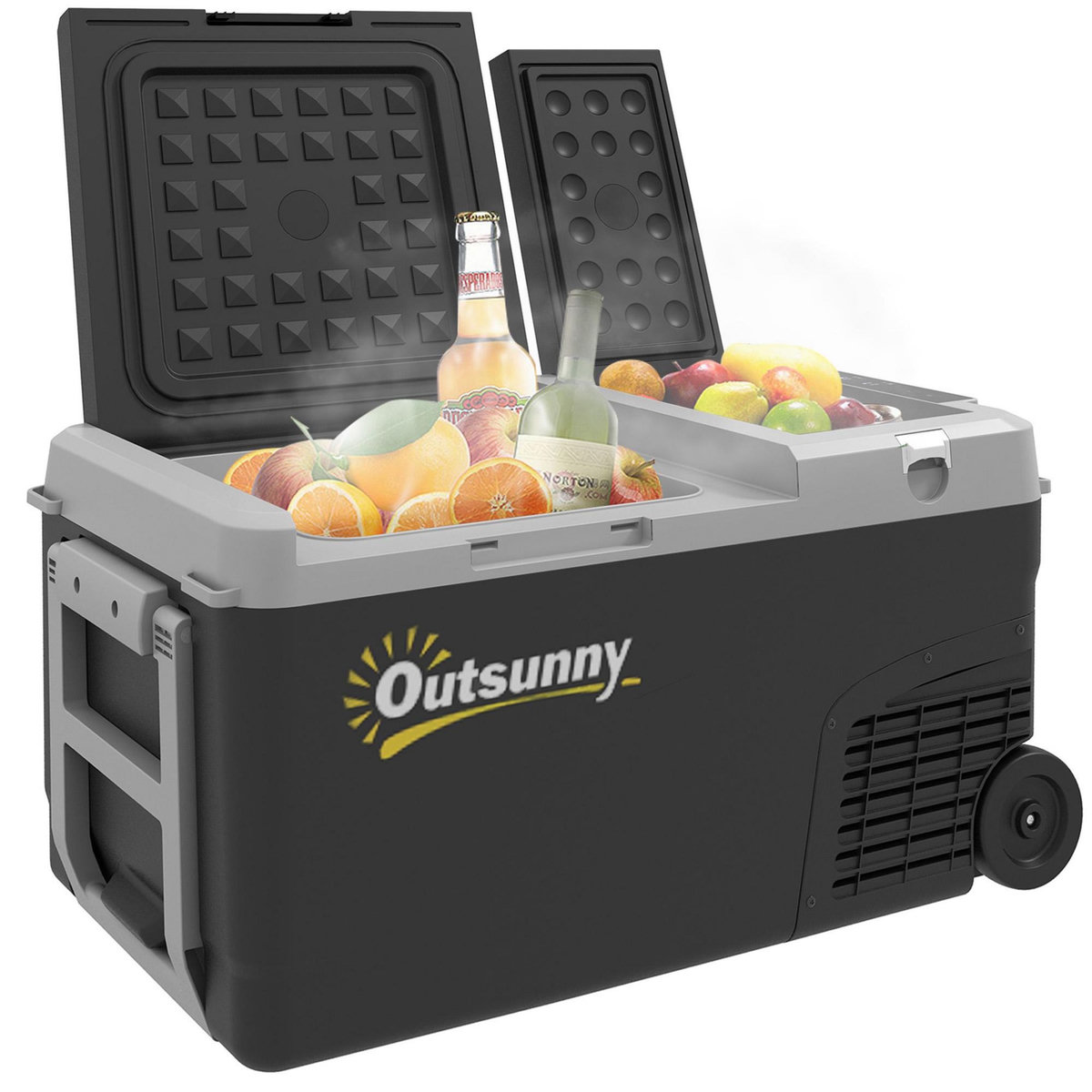 OUTSUNNY Glacière électrique portable  27 L - congélateur/réfrigérateur 2 zones - poignée, roulettes - gris noir