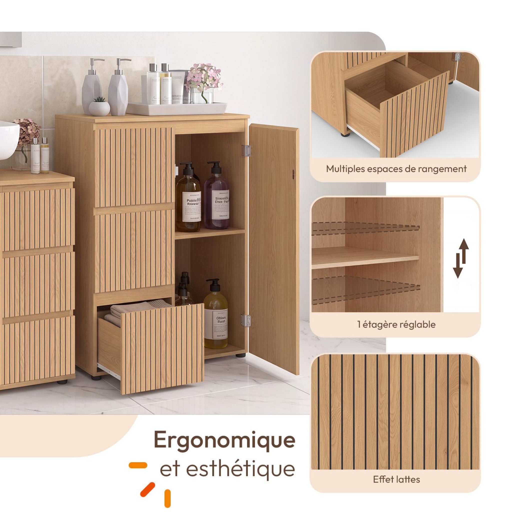 Voir la diapositive 4 : ID MARKET Meuble de rangement salle de bain victor 3 tiroirs avec placard effet lattes