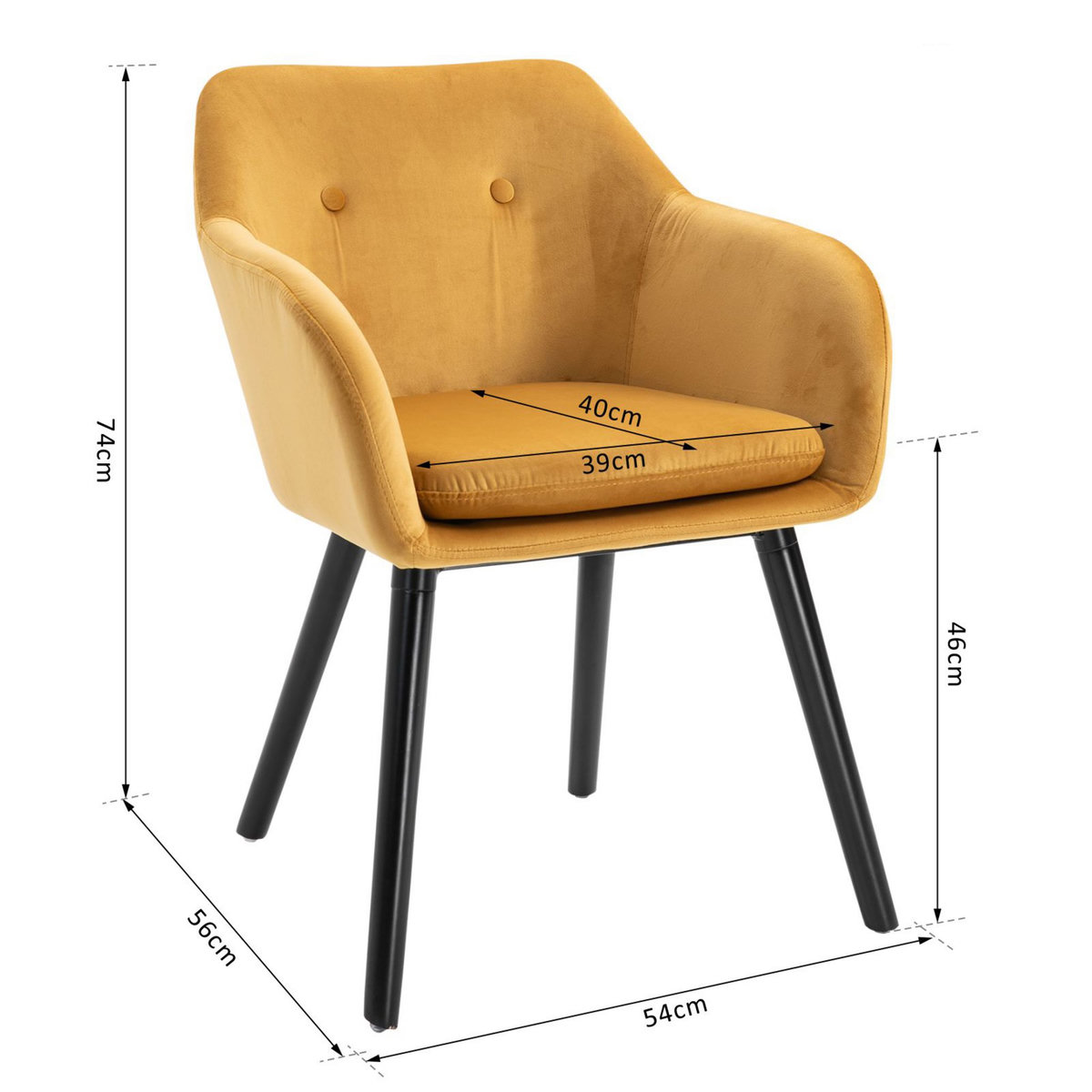 HOMCOM Chaises de visiteur design scandinave - lot de 2 chaises - pieds effilés bois noir - assise dossier accoudoirs ergonomiques velours moutarde