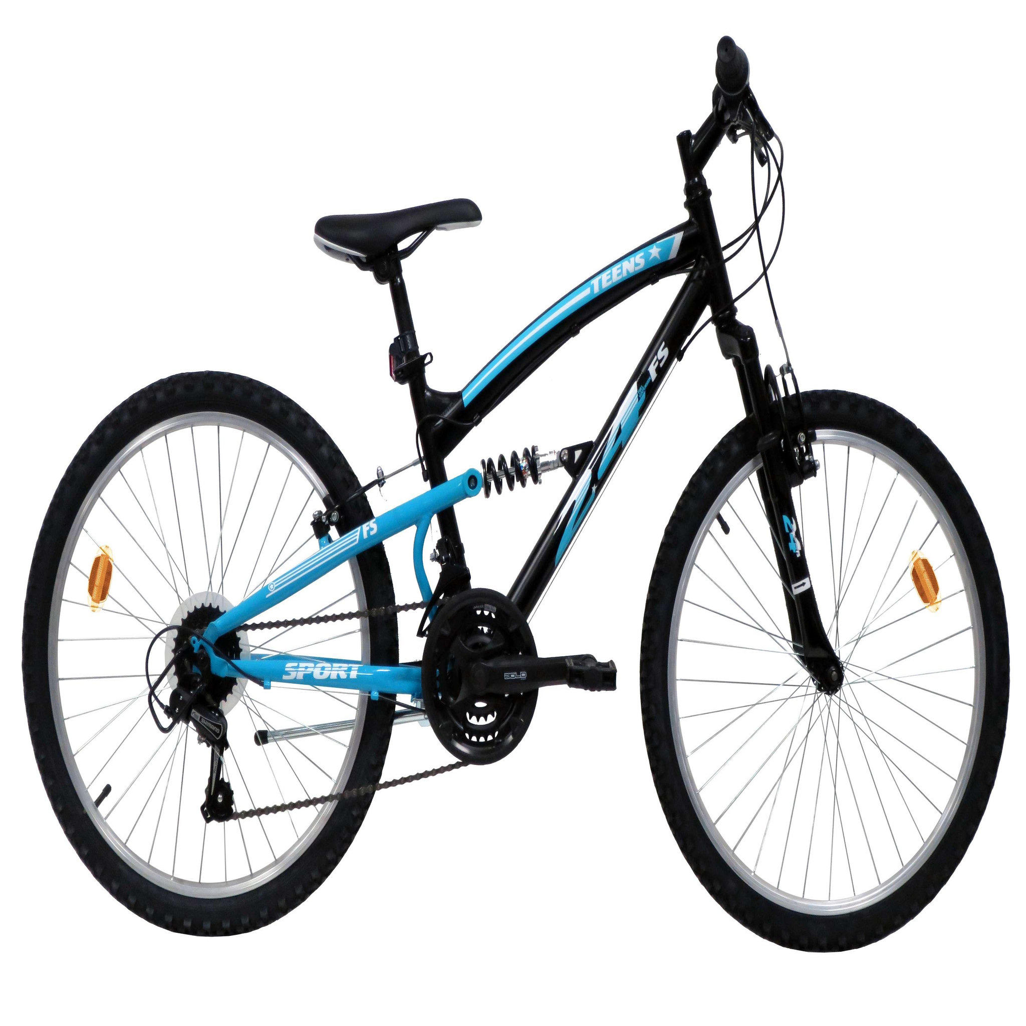 Voir la diapositive 1 : Vélo enfant (140/160 cm) - VTT 24'' Tout Suspendu  Teens   - Fourche télescopique - Cadre acier suspendu - 18 Vitesses - Dérailleur Shimano TY21 - Freins V-Brake et Jantes en aluminium