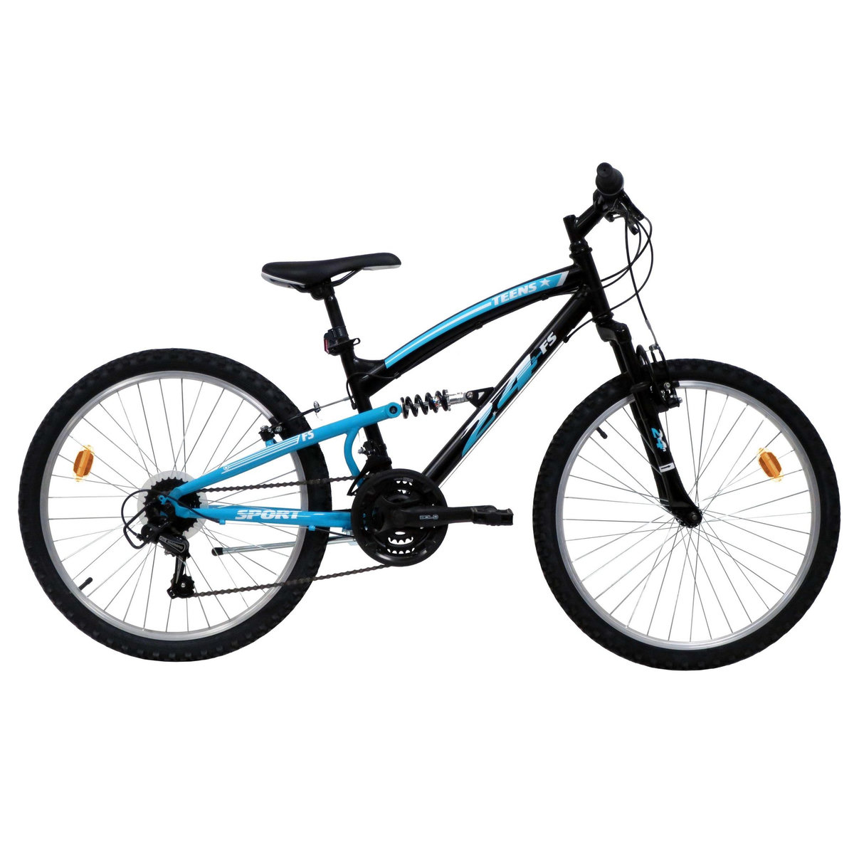 Vélo enfant (140/160 cm) - VTT 24'' Tout Suspendu  Teens   - Fourche télescopique - Cadre acier suspendu - 18 Vitesses - Dérailleur Shimano TY21 - Freins V-Brake et Jantes en aluminium