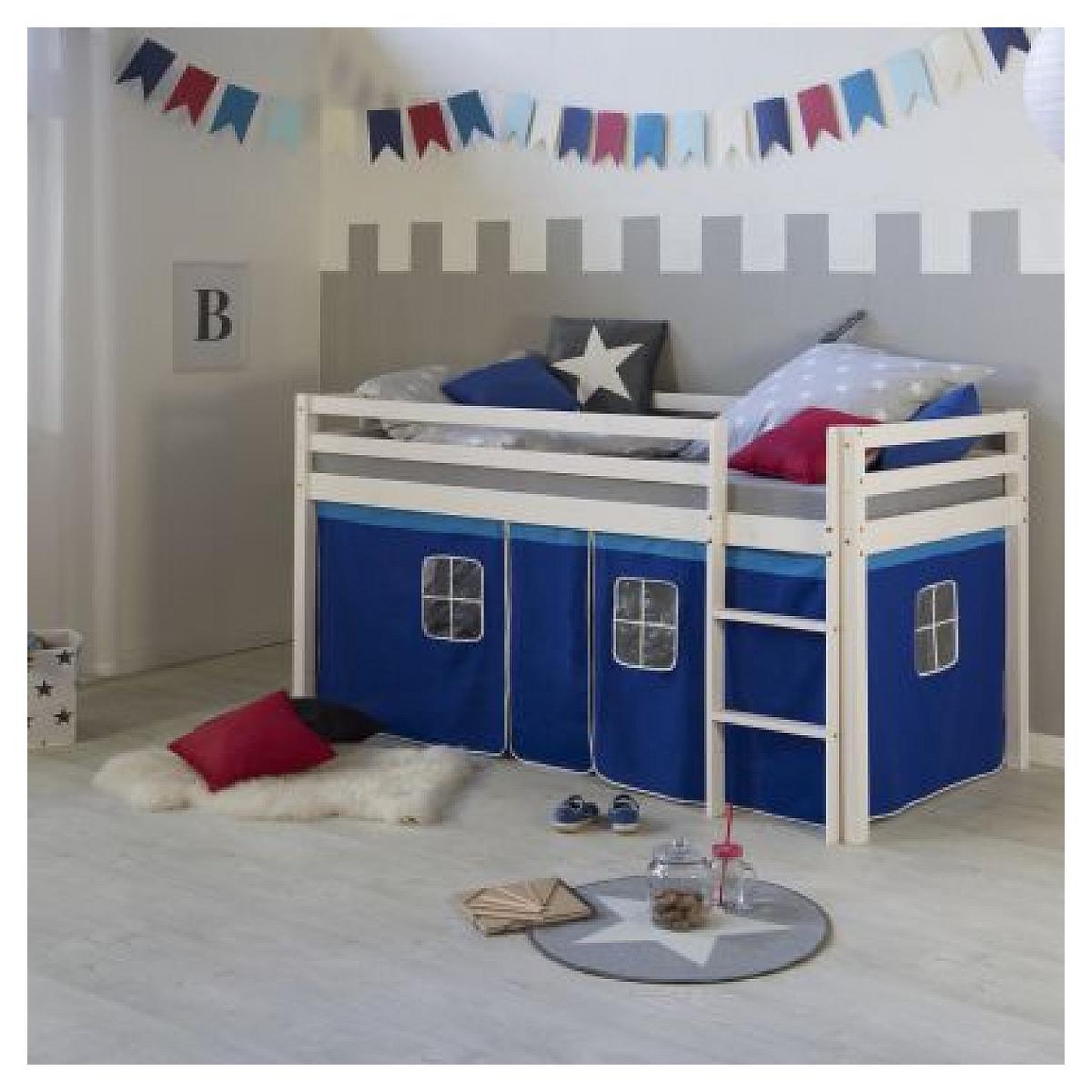 Voir la diapositive 3 : HomeStyle4U Lit mi-hauteur avec rideaux - bleu