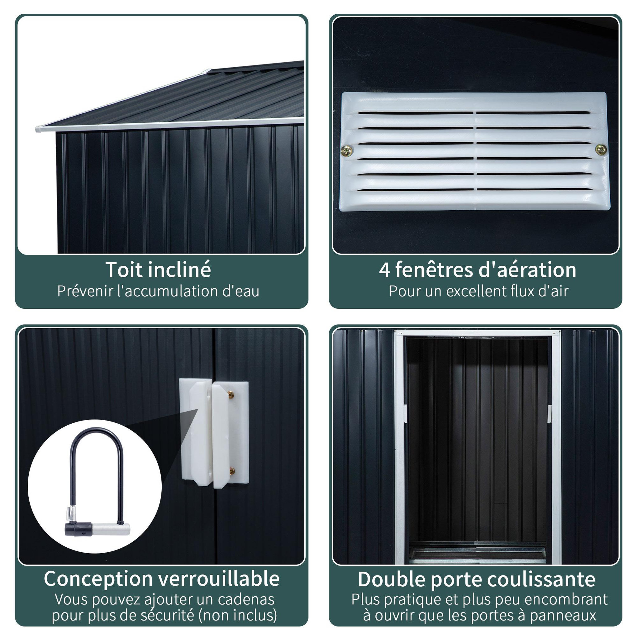 Voir la diapositive 5 : OUTSUNNY Abri de jardin - remise pour outils - cabanon double porte coulissante - fondation incluse - dim. 277L x 191l x 192H cm - tôle d'acier ondulée anthracite