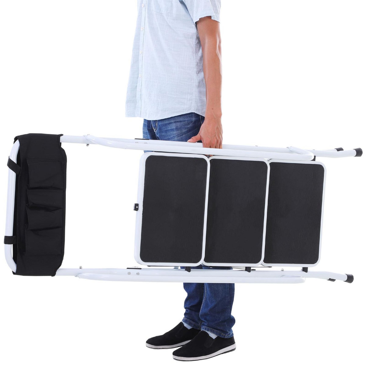 HOMCOM HOMCOM Escabeau pliable 3 marches XL antidérapantes double garde corps hauteur max. 1,31 m charge max. 150 Kg pochette outils intégrée acier blanc noir