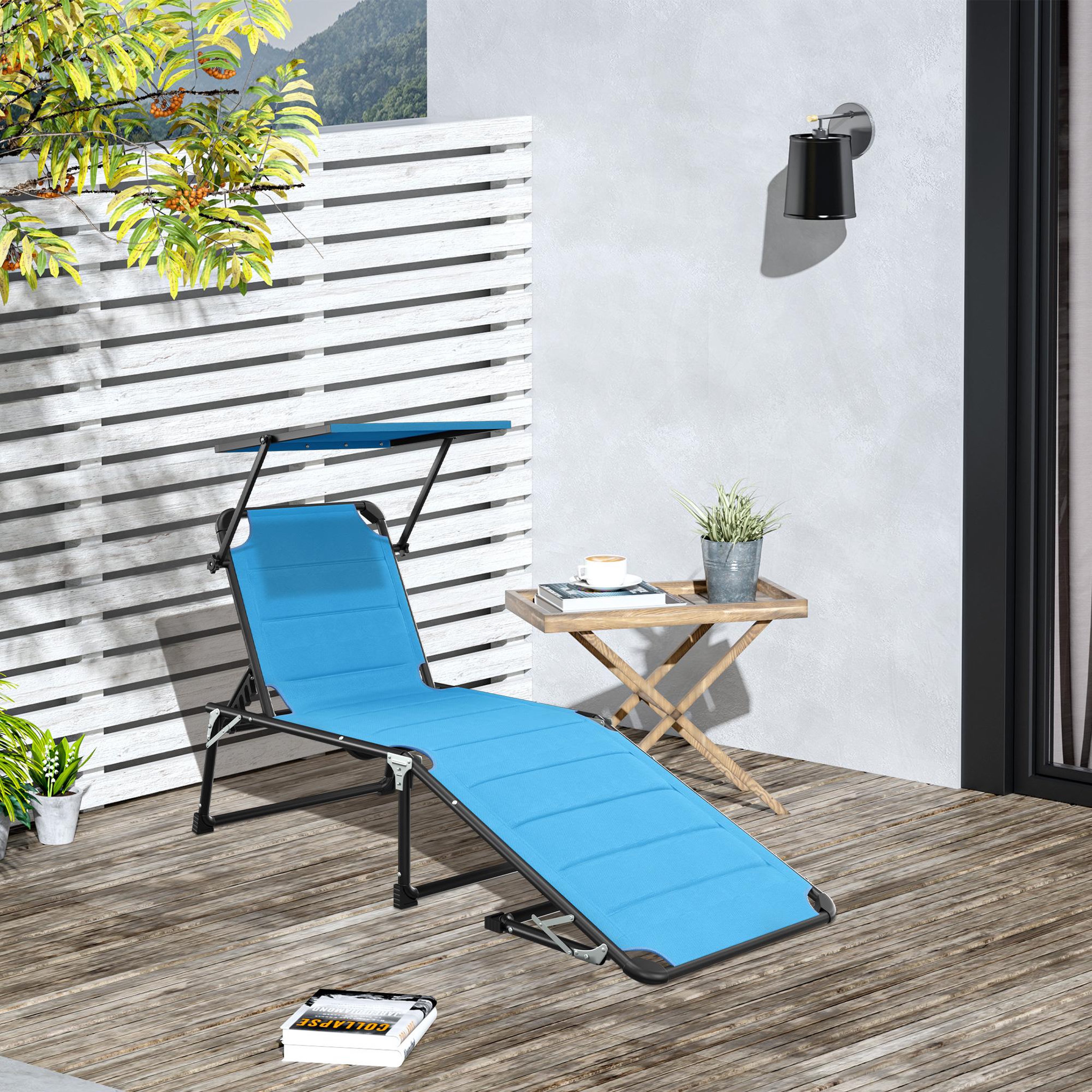 Voir la diapositive 2 : OUTSUNNY Bain de soleil transat pliable grand confort dossier pare-soleil réglables multi-positions alu. textilène bleu