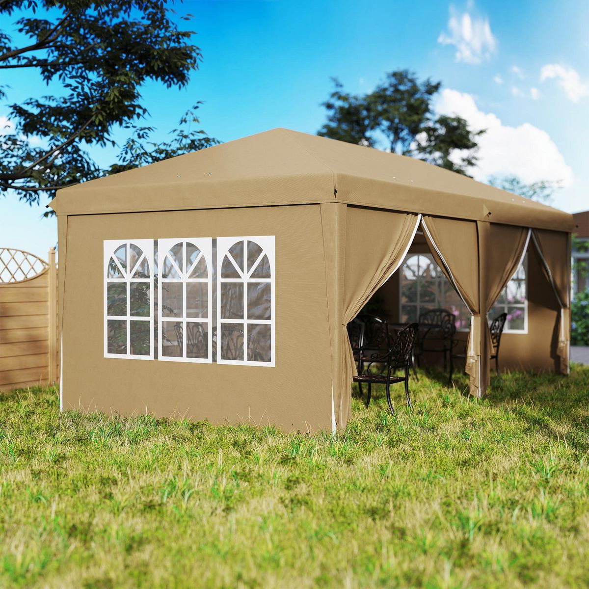 OUTSUNNY Tonnelle barnum pliant pop-up imperméabilisé 5,85L x 2,95l x 2,7H m 6 parois latérales amovibles 4 fenêtres + sac de transport kaki