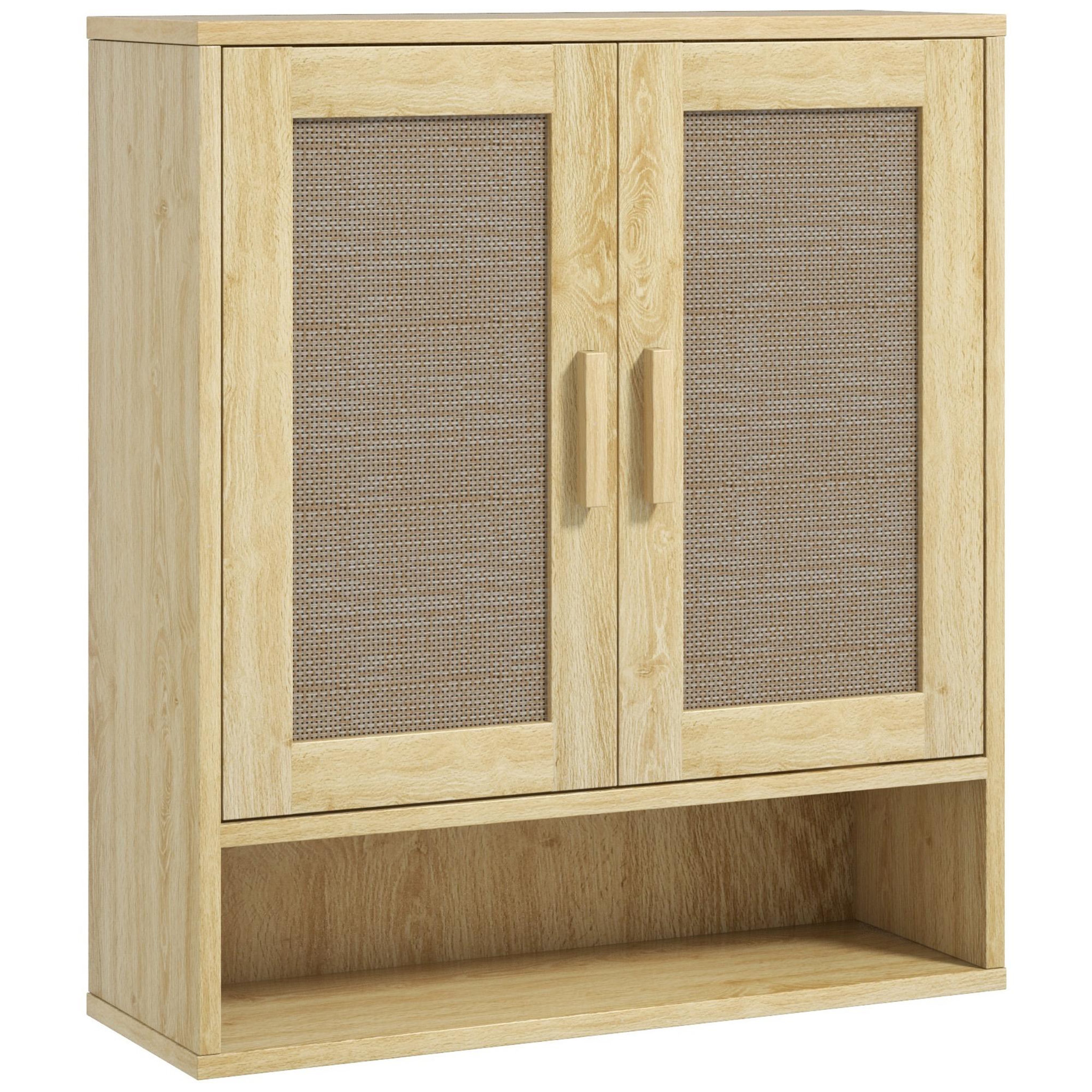 HOMCOM Armoire murale salle de bain wc style bohème - 2 portes, étagère, niche - effet rotin bois clair