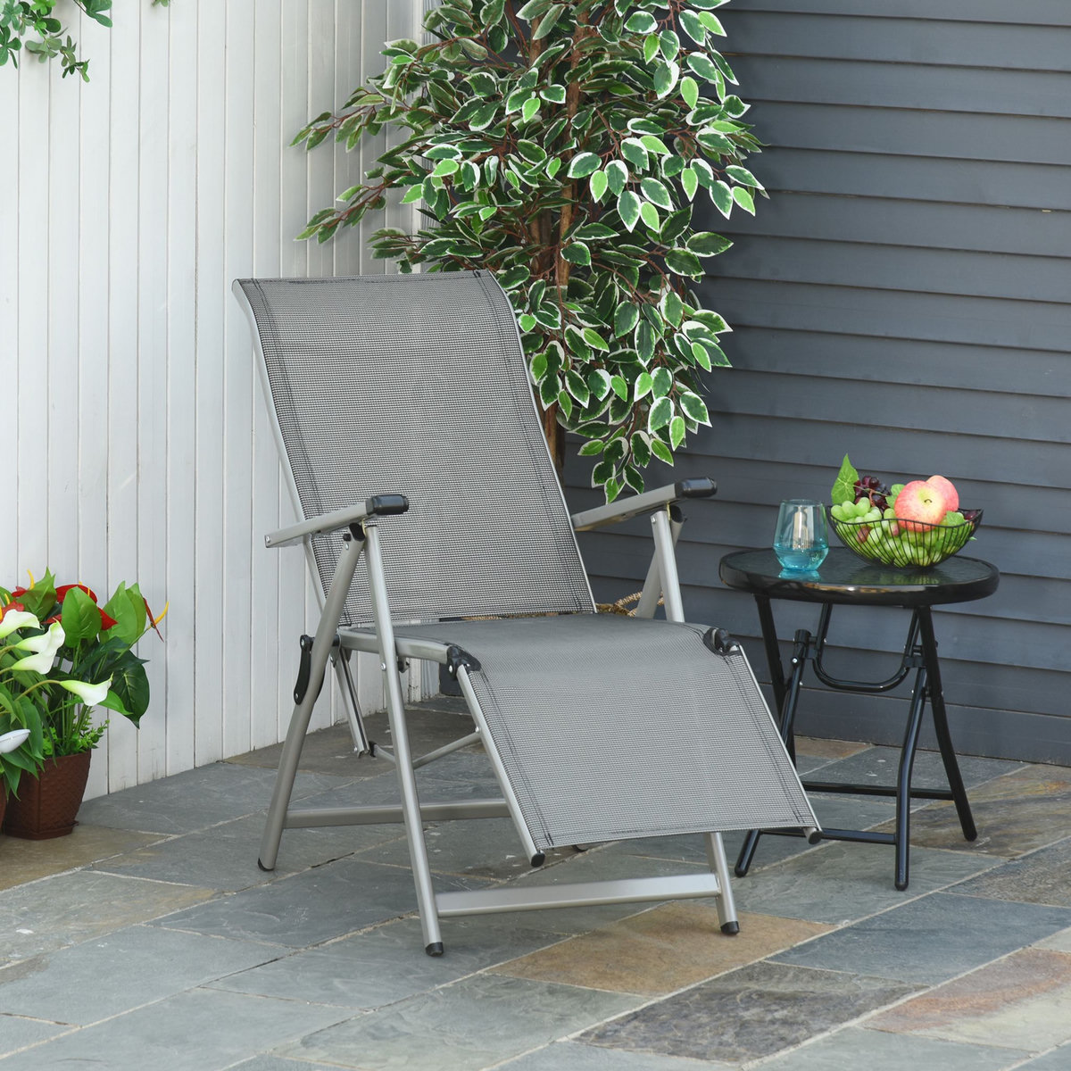 OUTSUNNY Chaise longue pliable dossier & repose-pied réglable multi-positions métal époxy textilène gris