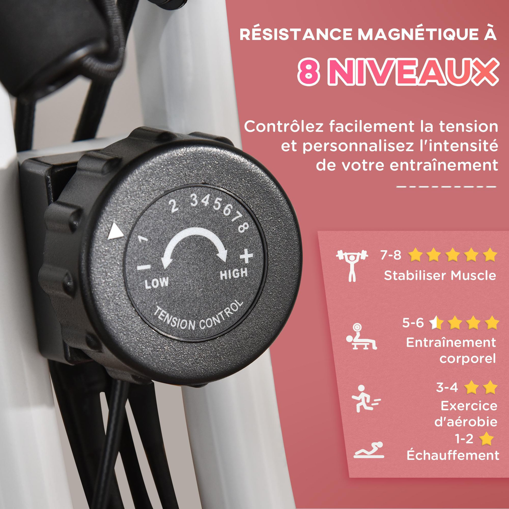 Voir la diapositive 6 : HOMCOM Vélo d'appartement pliant 8 niveaux de résistance magnétique dossier selle réglable poignées ergonomiques écran LCD multifonction suspensions support tablette acier
