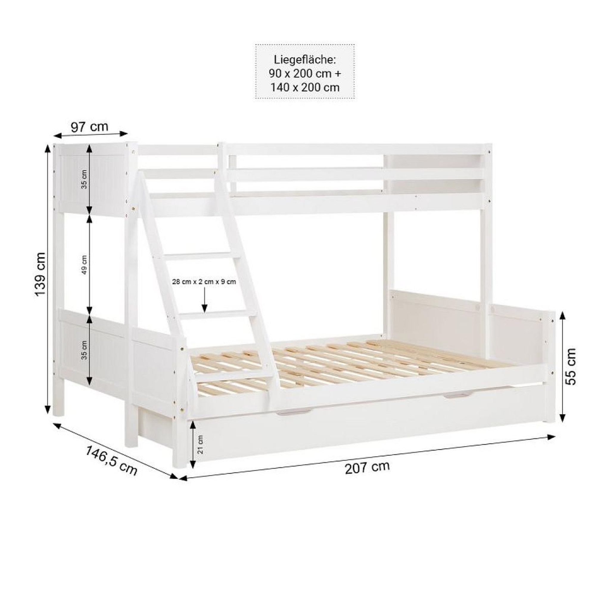 Voir la diapositive 3 : HomeStyle4U Lit blanc superposé avec tiroir 90x200