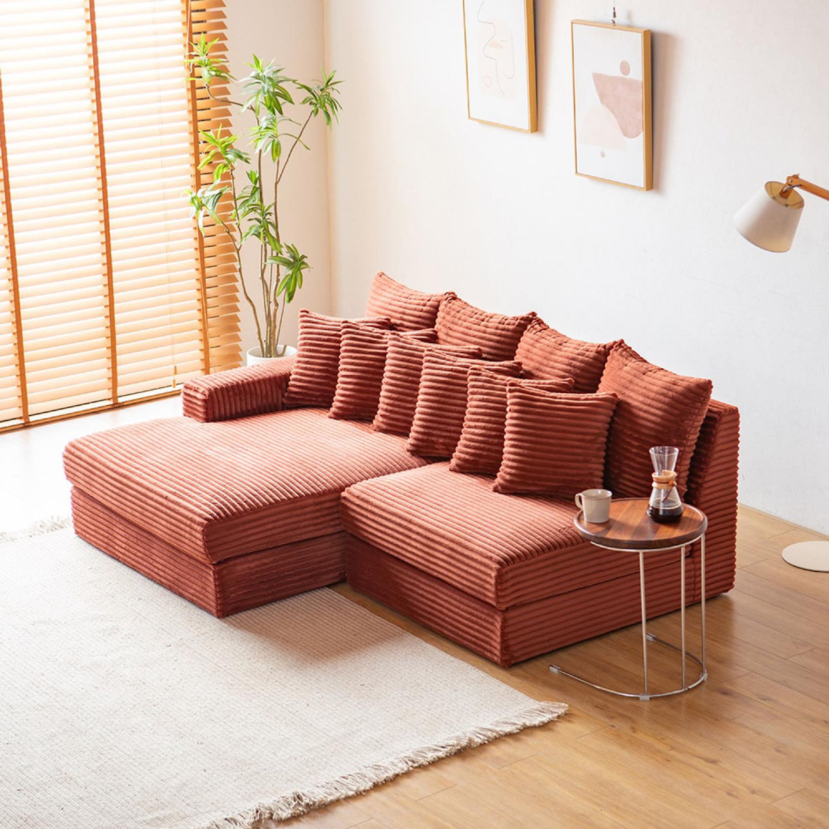 CONCEPT USINE Canapé d'angle 2-3 places assise profonde en velours côtelé terracotta CARDIFF