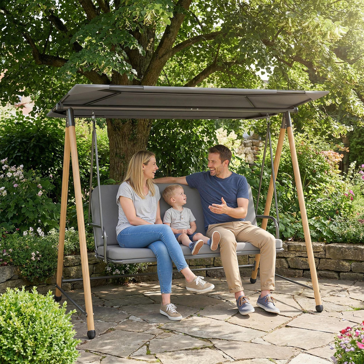 OUTSUNNY Balancelle de jardin 3 places design structure acier effet bois auvent réglable gris