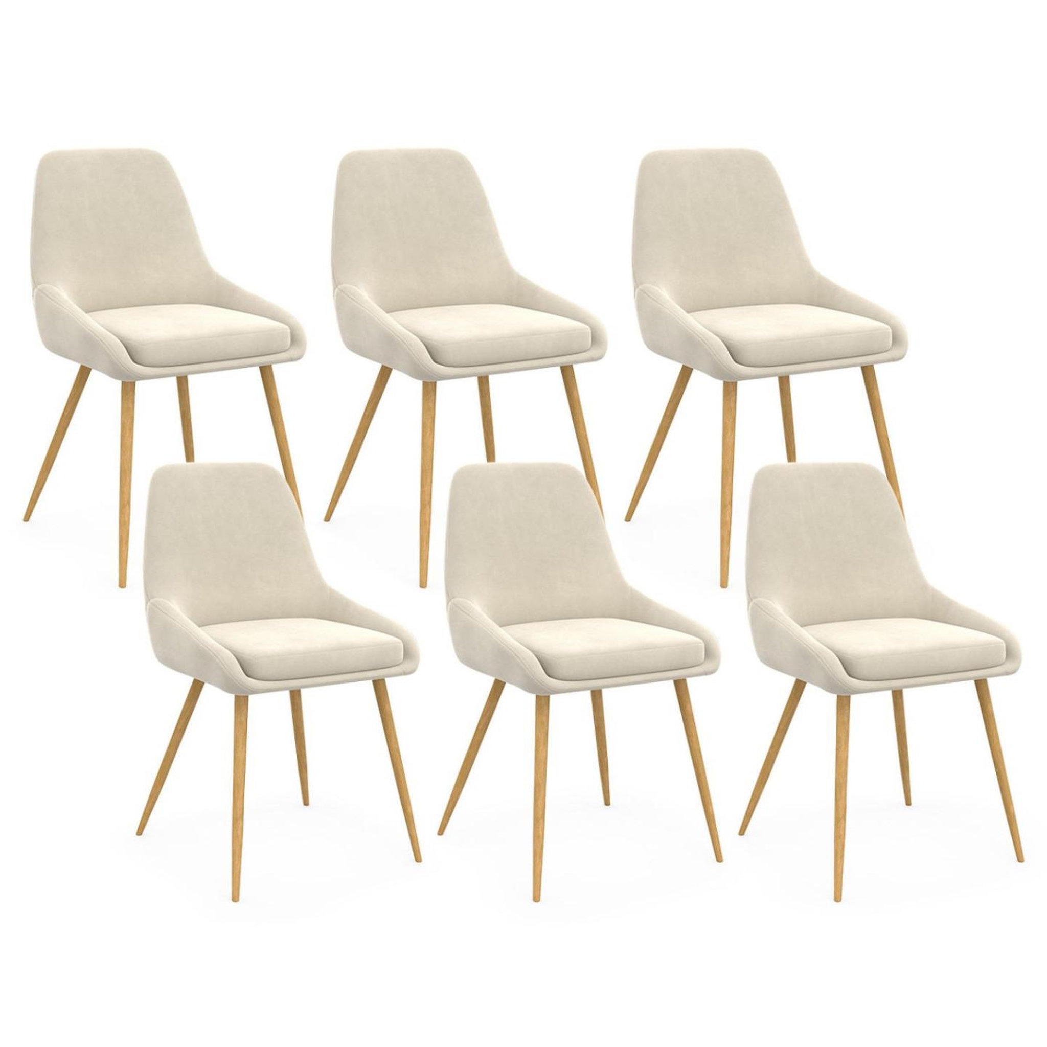 ID MARKET Lot de 6 chaises de salle à manger thalya en velours beige et pieds effet bois avec accoudoirs