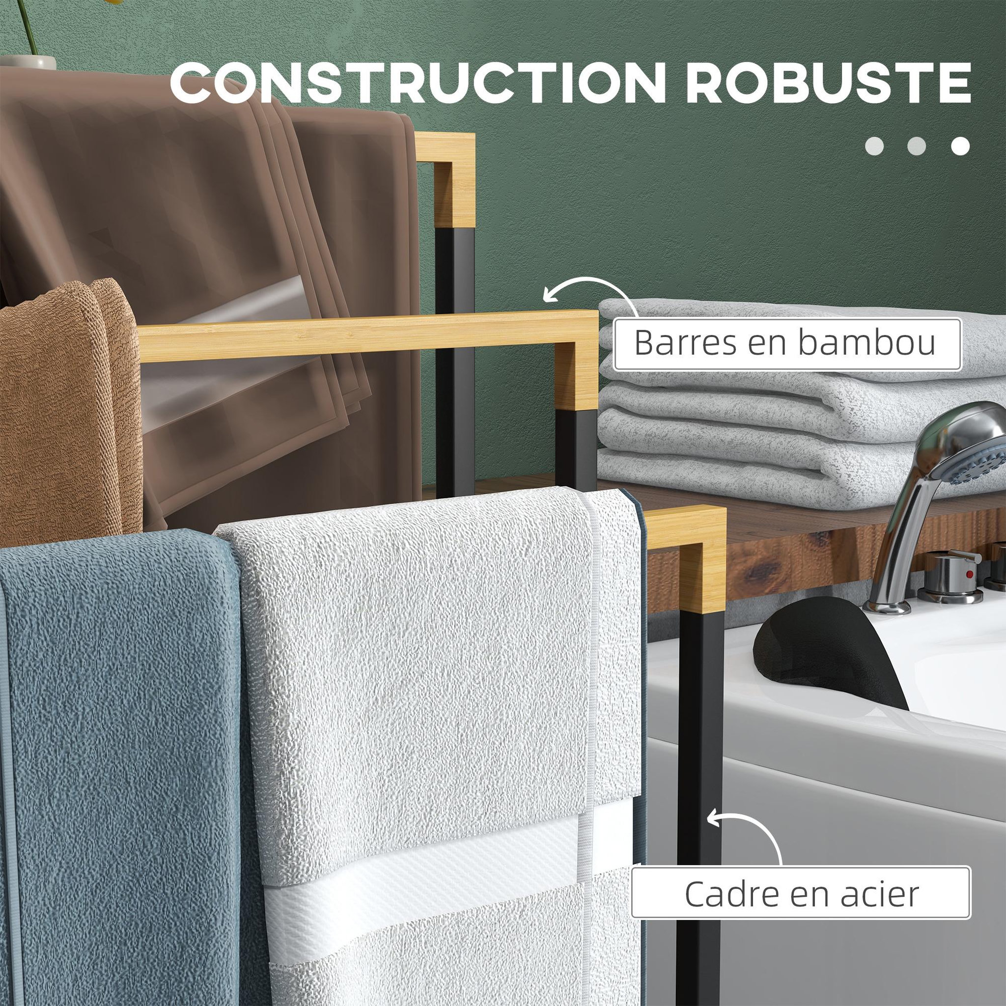 Voir la diapositive 5 : KLEANKIN Porte-serviette autoportant 3 barres - dim. 45l x 22l x 86h cm - bois bambou acier noir
