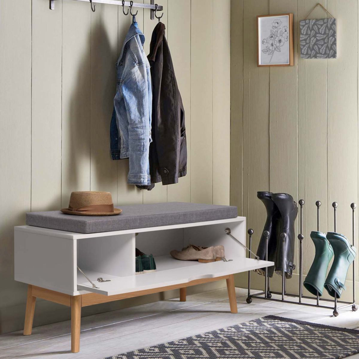 ID MARKET Banc coffre d'entrée chaussures LEO bois blanc