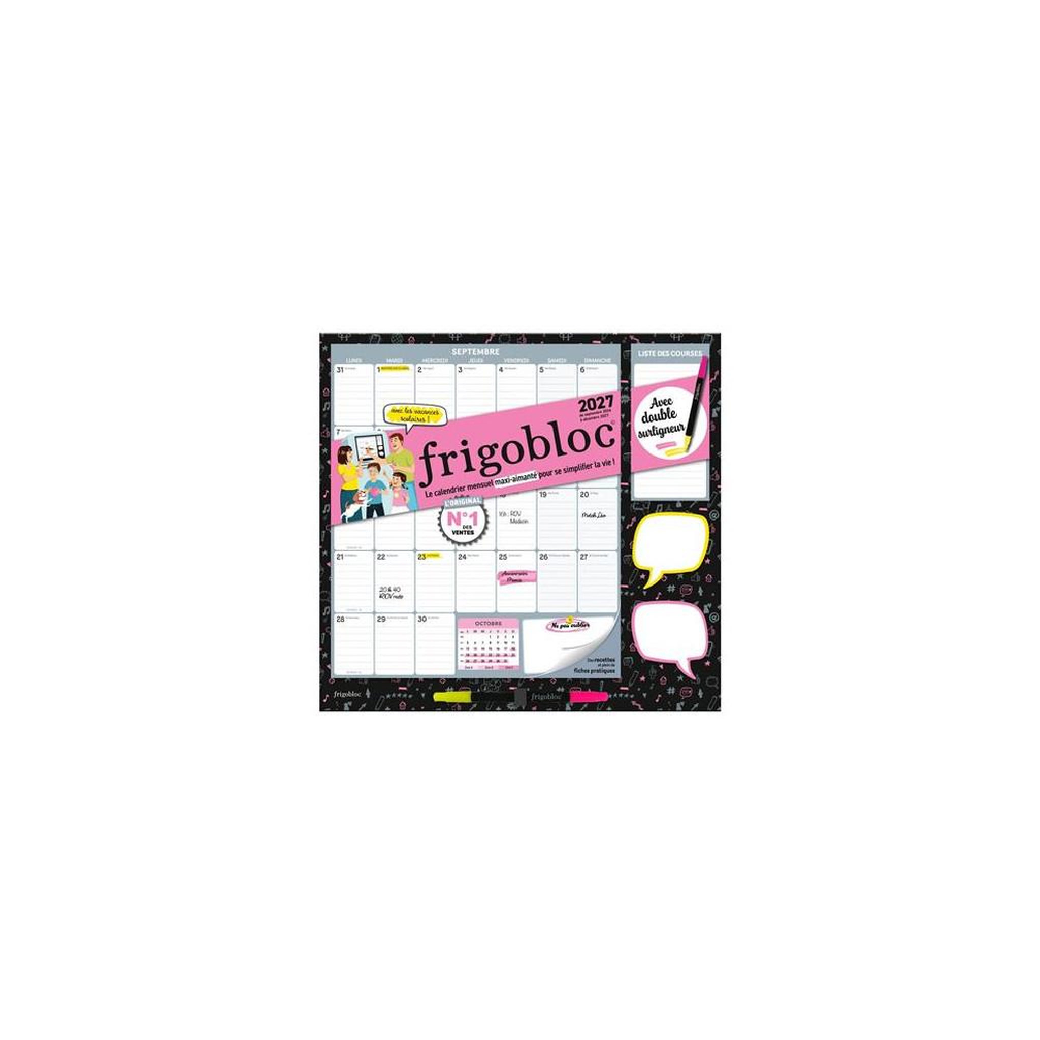 PlayBac Calendrier familial magnétique mensuel papier 2027 fluo, sep 2026 à déc. 2027