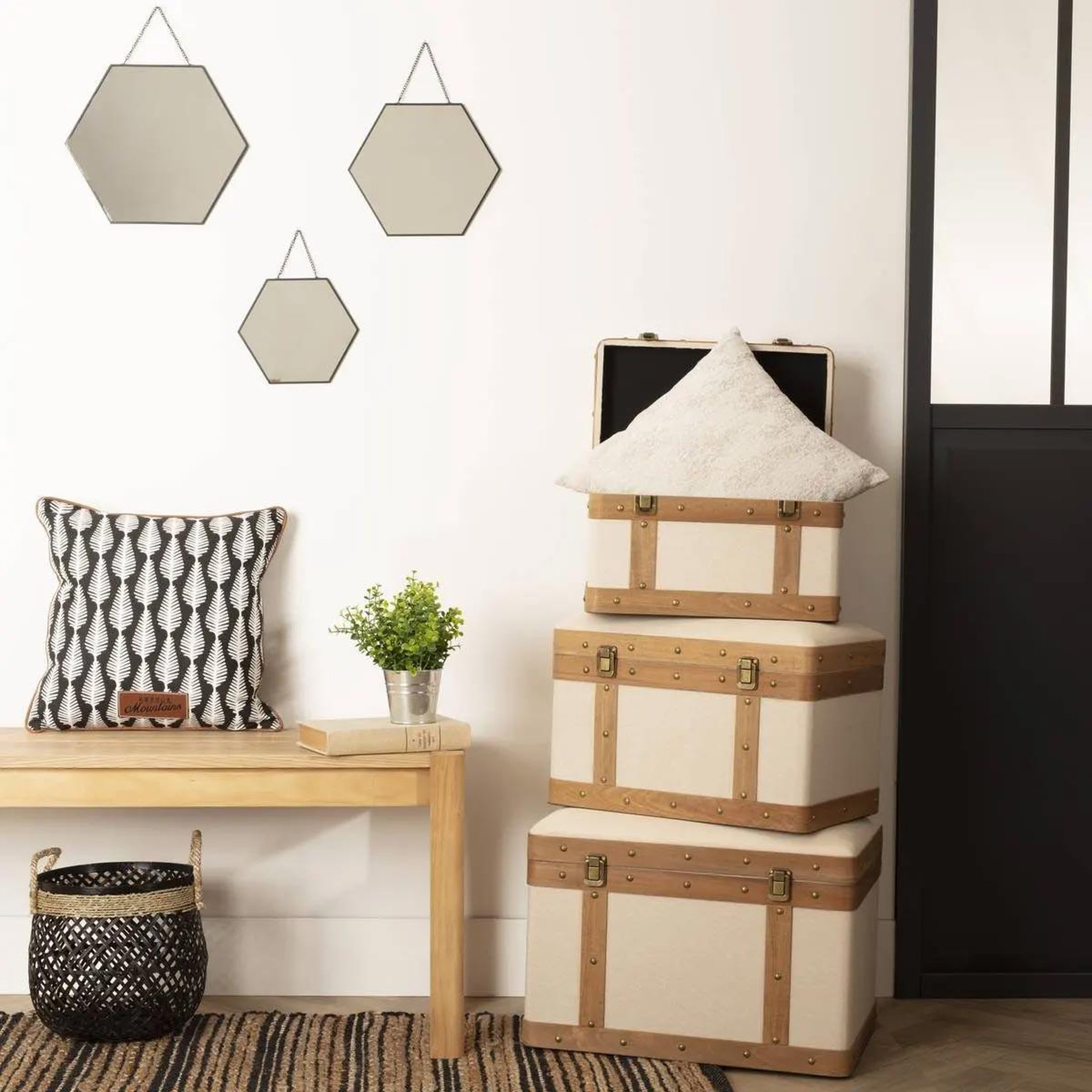 Voir la diapositive 4 : ATMOSPHERA Lot de 3 Malles Vintage  Norah  50cm Lin