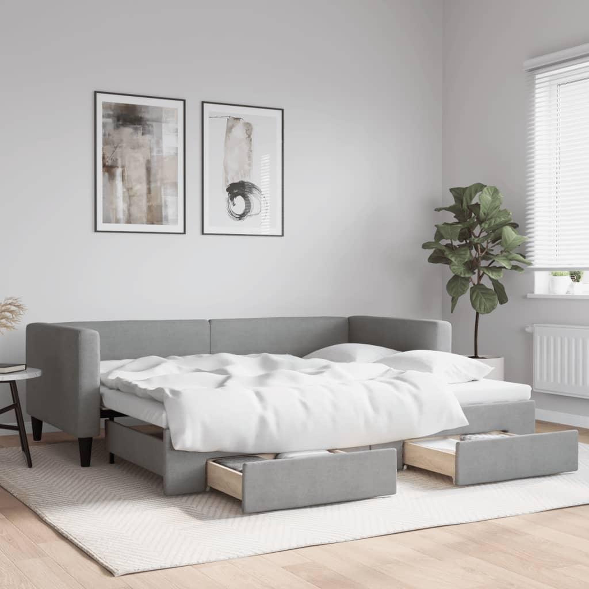 VIDAXL Lit de jour avec gigogne et tiroirs gris clair 90x190 cm tissu