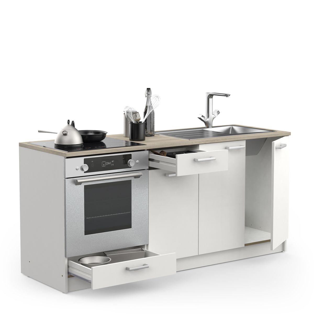 Meuble de cuisine bas 3 portes 2 tiroirs 2 niches de rangement L180cm TIRAMISU