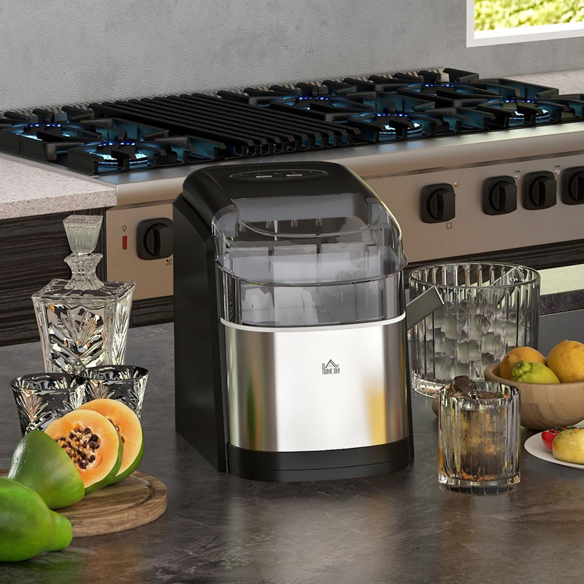 HOMCOM Machine à glaçons 1,7 L - réservoir glace 0,9 Kg - pelle, panier - gris noir