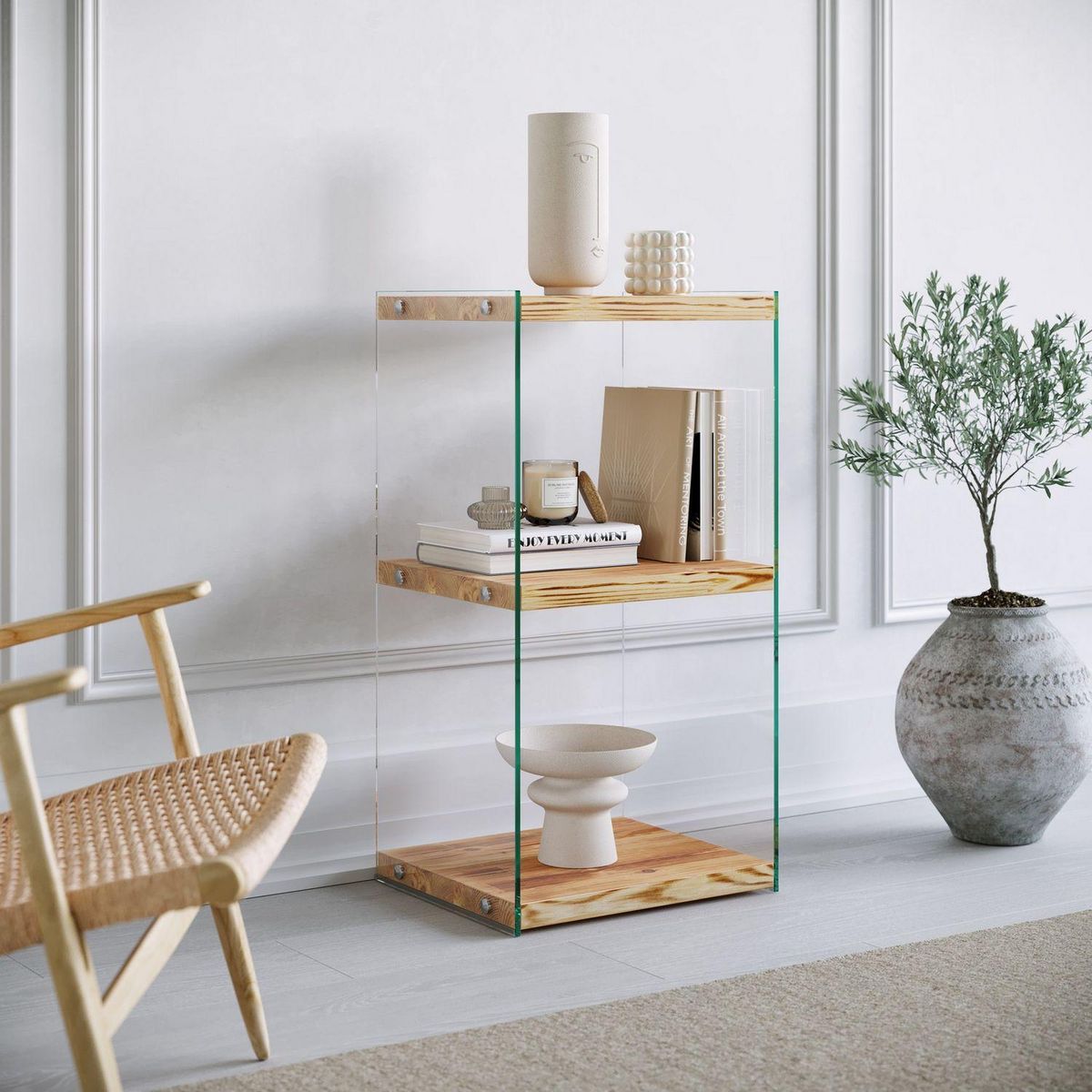 TOILINUX Etagère 3 niveaux en verre et bois clair NIAGARA - Beige