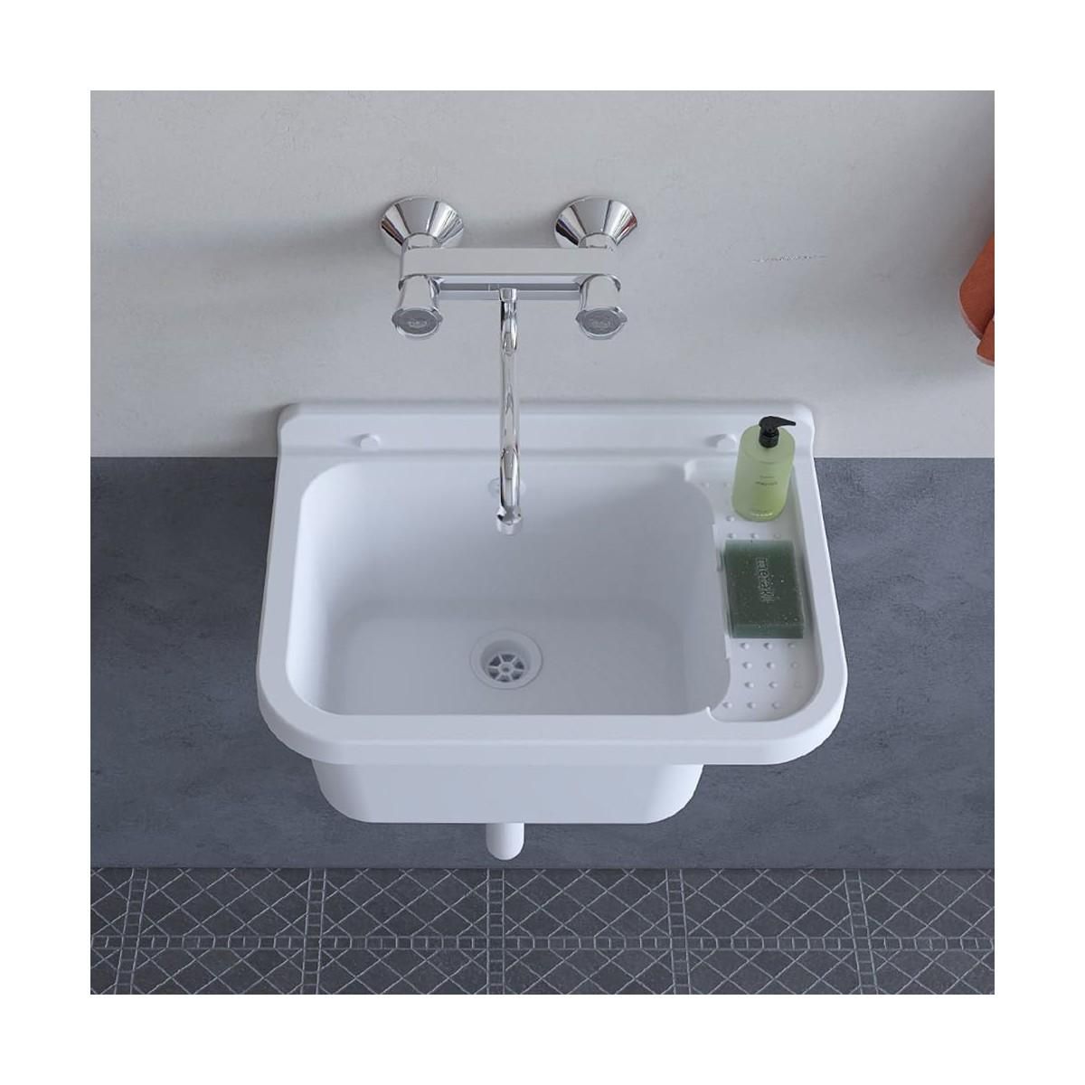 INTEC Lavabo Mural en Résine Blanc 50 x 32 cm Vasque Suspendue Anti-chocs - Evier Lave-Mains Salle de Bain WC Garage Buanderie