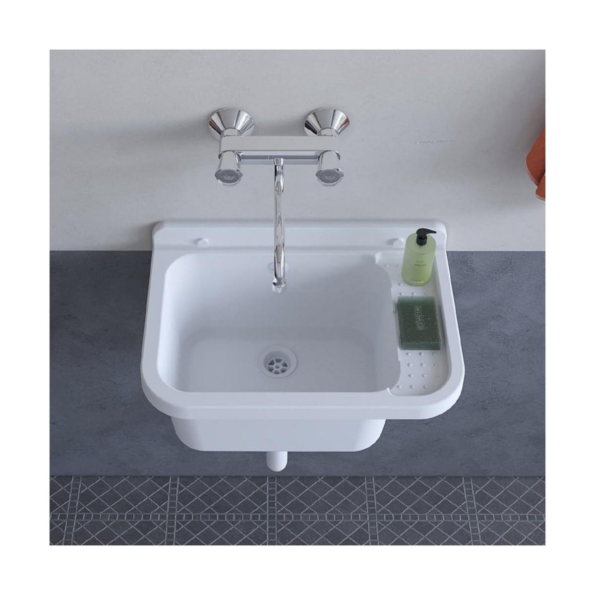 INTEC Lavabo Mural en Résine Blanc 50 x 32 cm Vasque Suspendue Anti-chocs - Evier Lave-Mains Salle de Bain WC Garage Buanderie
