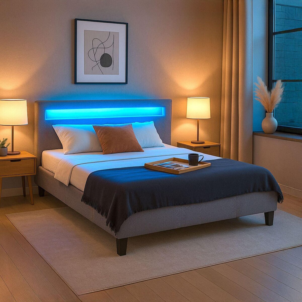 IDIMEX Lit LED double RIOJA 140x190 cm, avec sommier, revêtement tissu