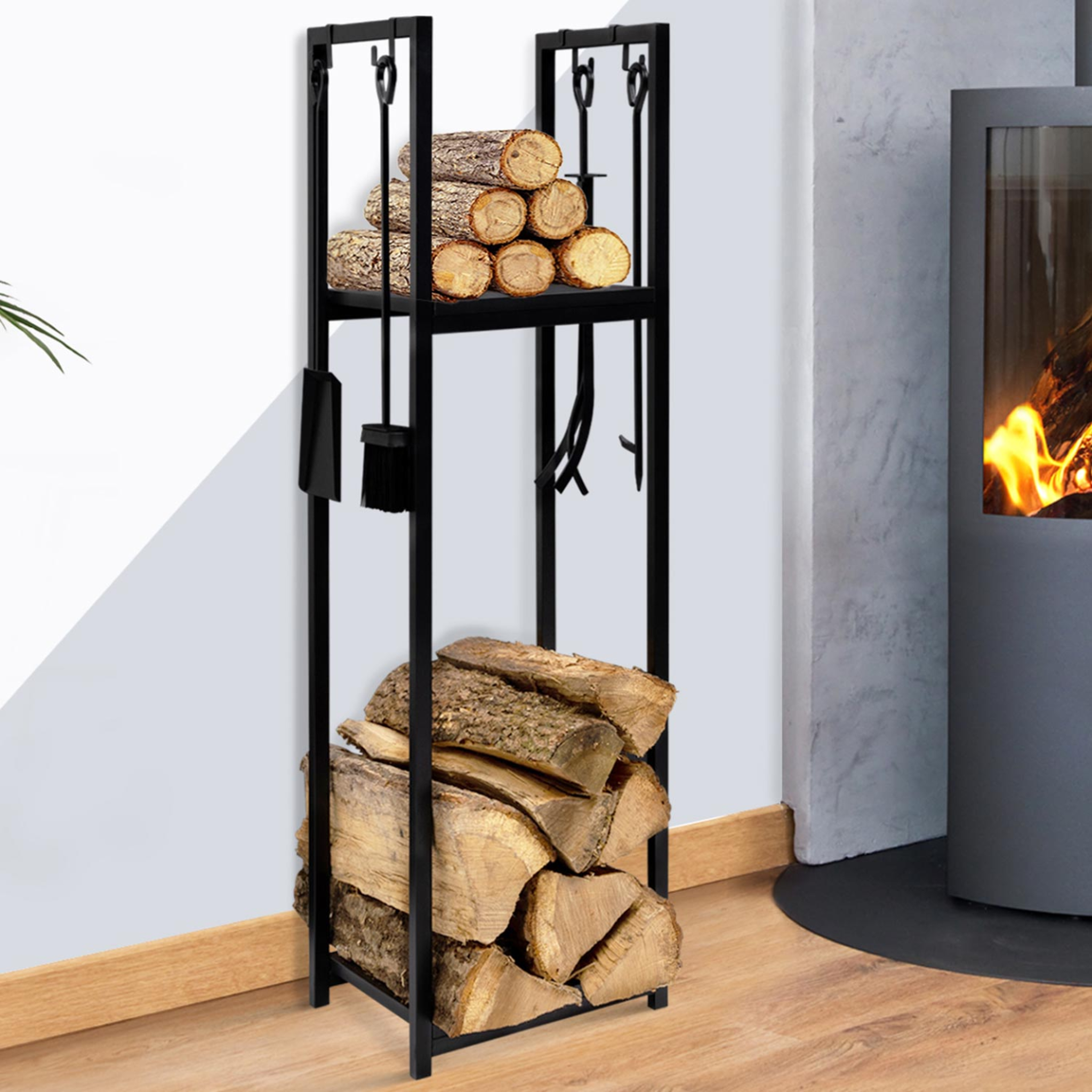 Voir la diapositive 2 : ID MARKET Range bûches vertical avec accessoires 2 étagères h.112 cm pour cheminée