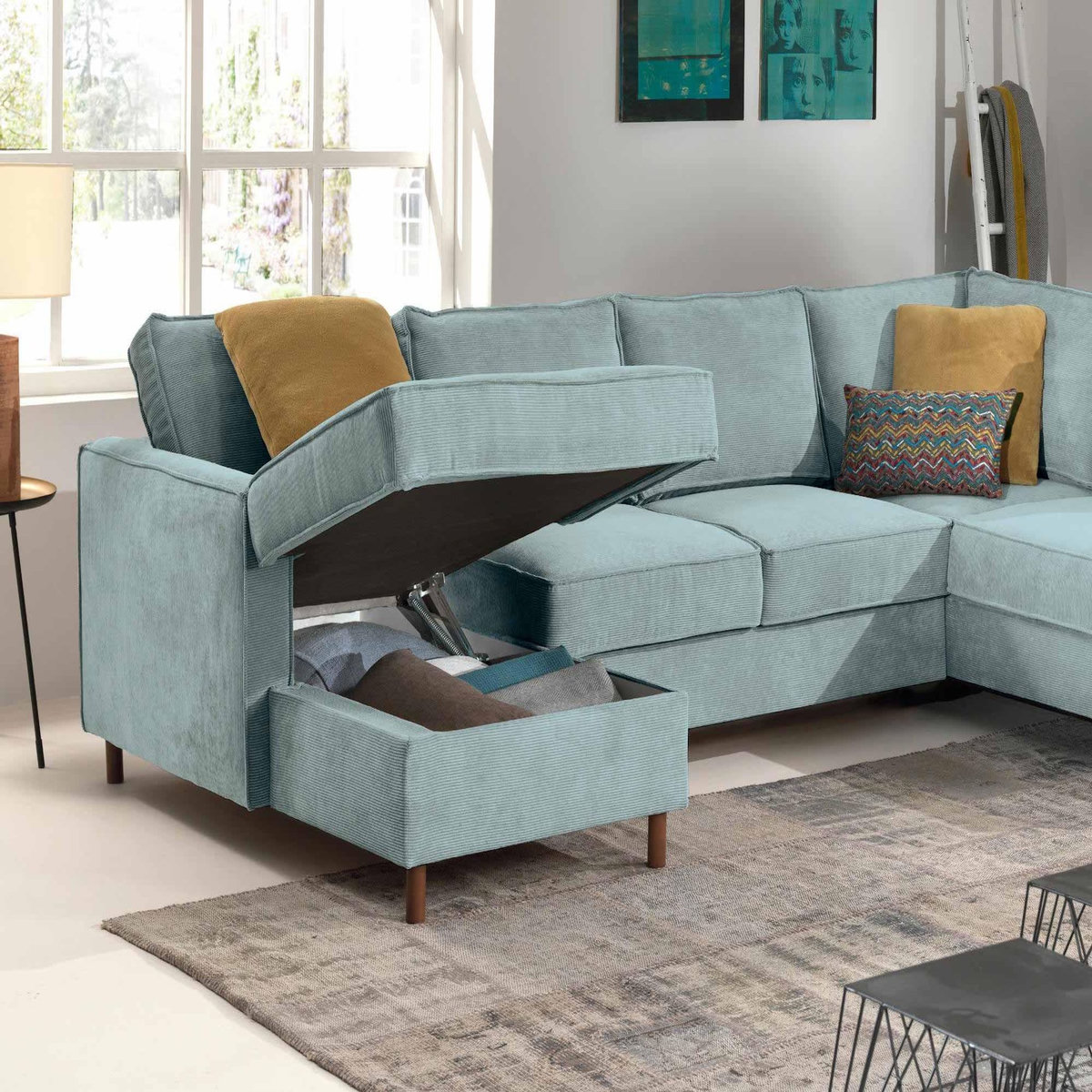 LISA DESIGN Jake - canapé panoramique d'angle droit - convertible avec coffre - 7 places - en velours côtelé