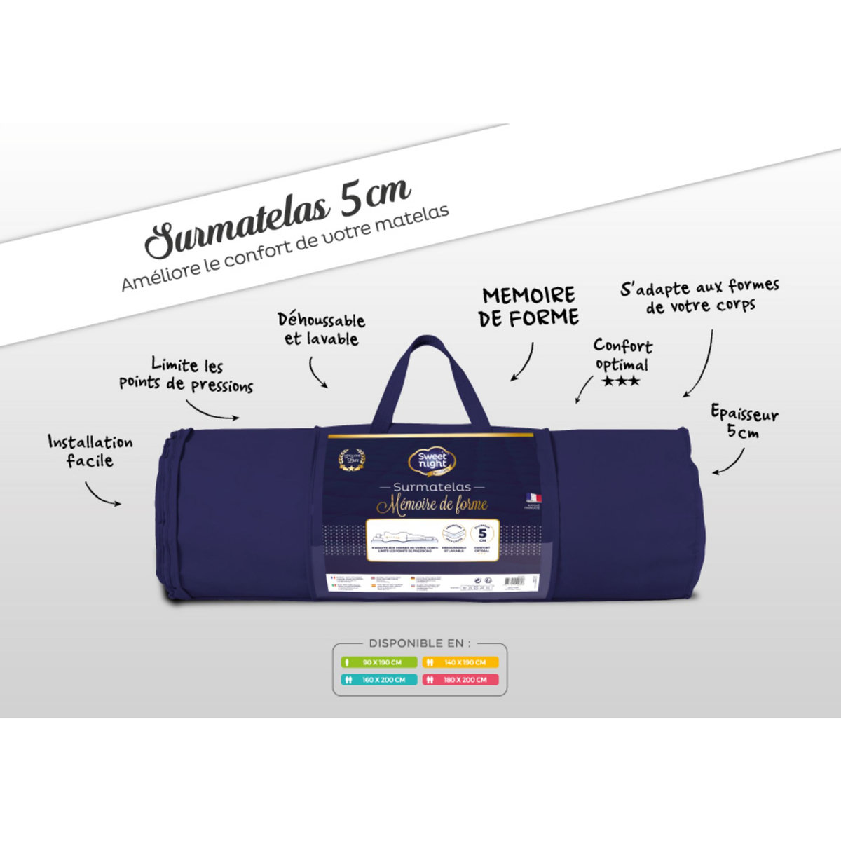 Sweetnight Surmatelas mémoire de forme épaisseur 7cm - QUALITE HOTELLERIE DE LUXE