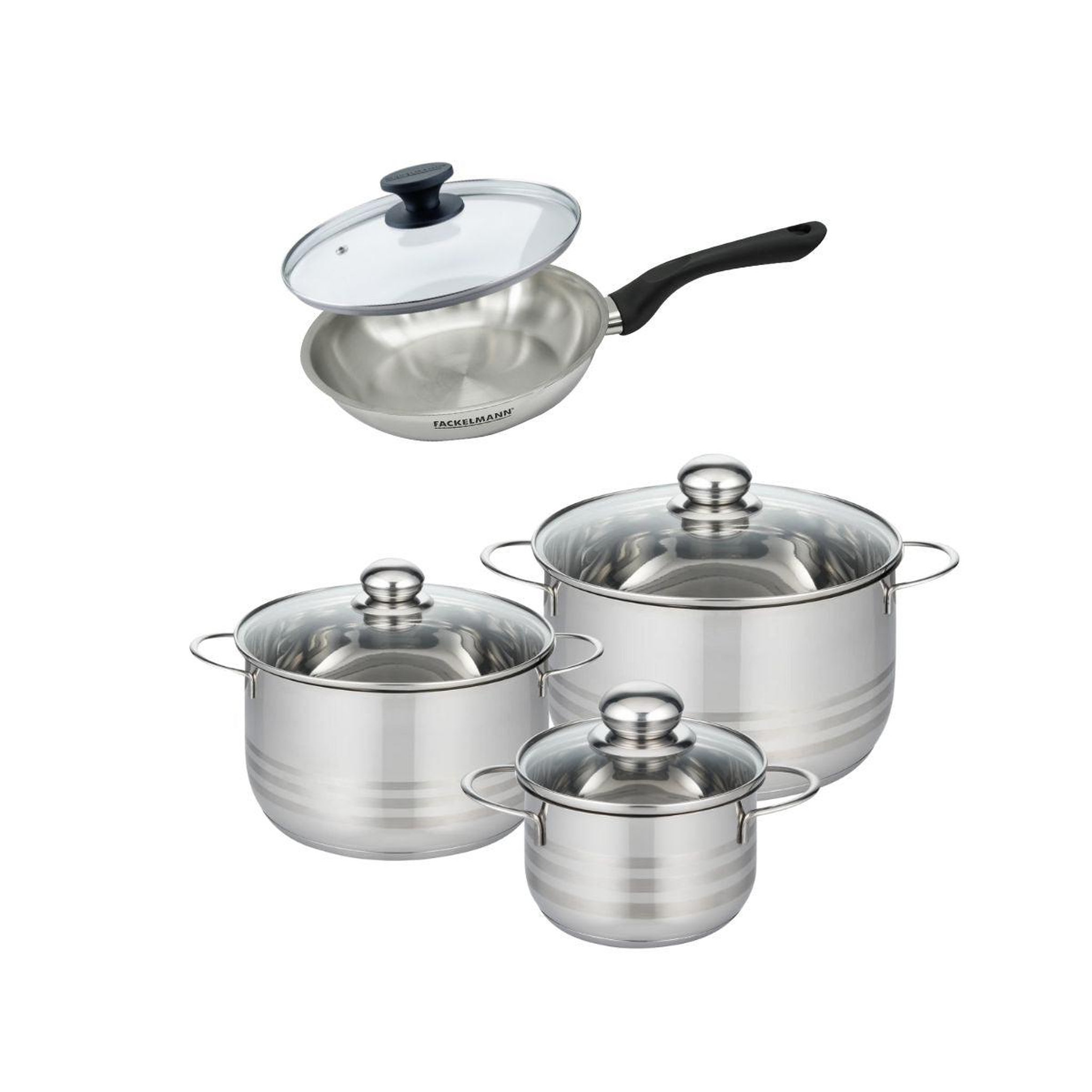 Fackelmann Batterie de cuisine avec 1 poêle 20 cm et 3 faitouts 16/20/24 cm sans pfas fackelmann généva brillant avec couvercles