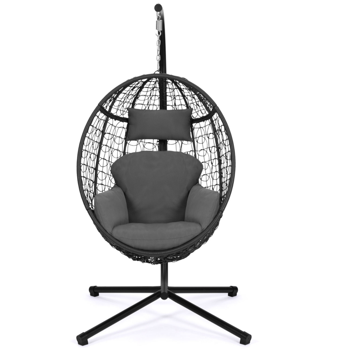 ID MARKET Fauteuil oeuf suspendu ajouré effet rotin gris avec coussin gris